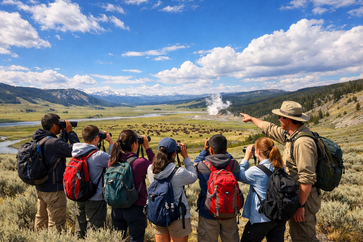 Students and a teacher using binoculars to observe wildlife during a Yellowstone science field trip in Lamar Valley.