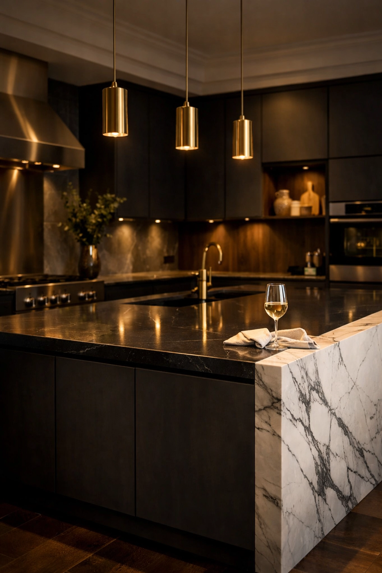 High-end bespoke kitchen renovation in Chichester West Sussex with a marble island.