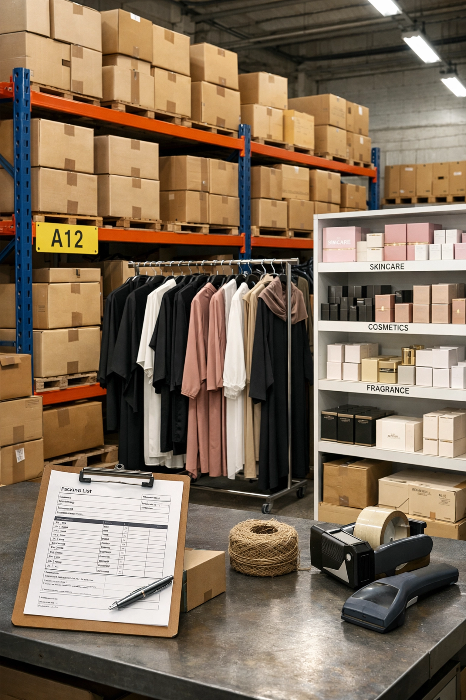 Organized wholesale warehouse with inventory, modest fashion garments, and beauty products