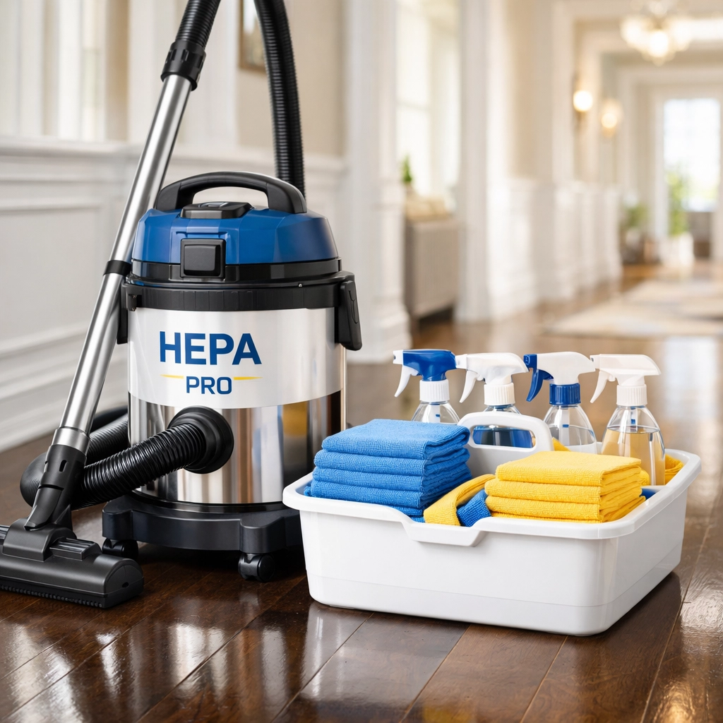 Professional house cleaning Medway equipment with a HEPA vacuum on polished wood floors.