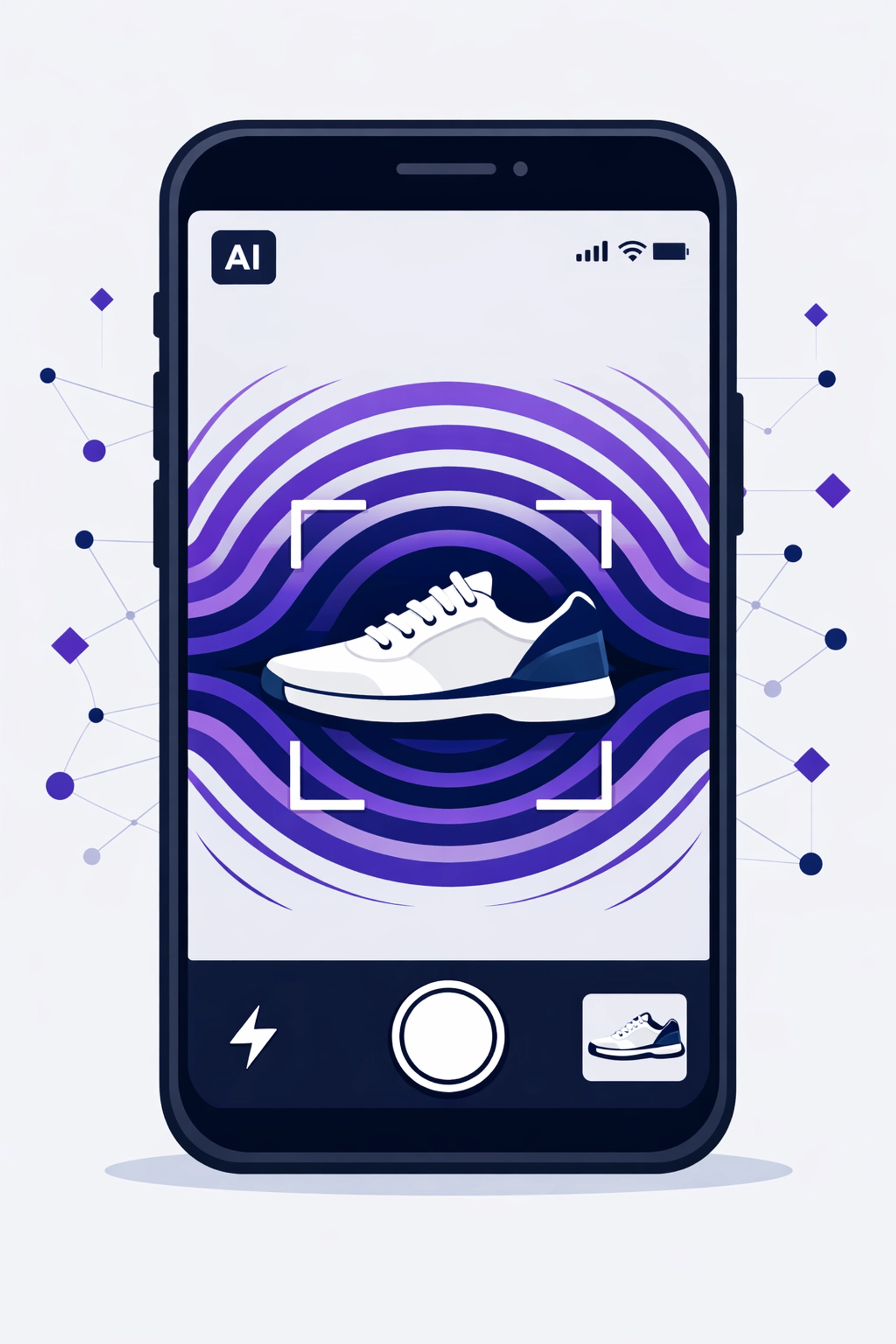 Smartphone using AI visual search to identify a sneaker for instant ecommerce product discovery.