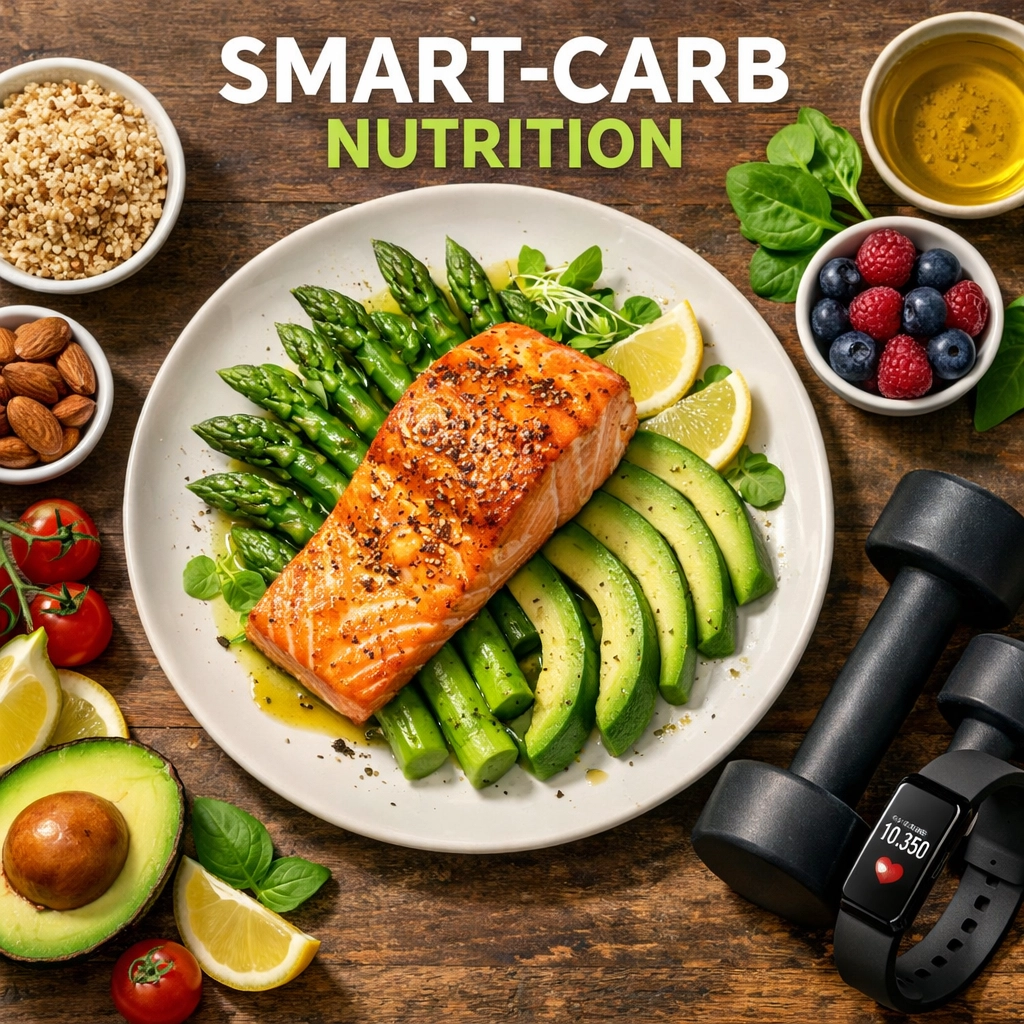 Healthy meal with salmon and vegetables next to fitness gear, representing a PCOS nutritional health strategy.