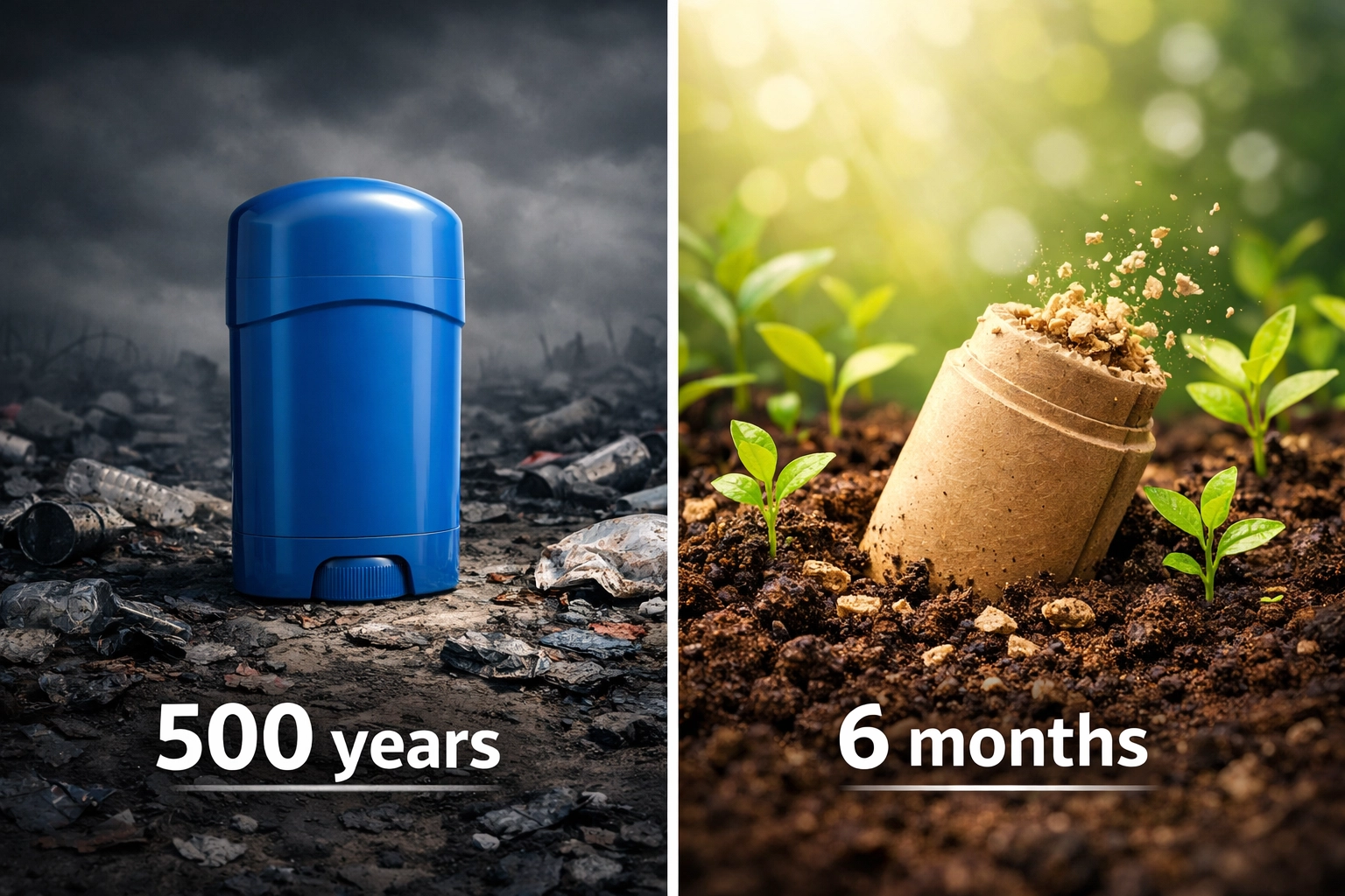 Biodegradable deodorant packaging decomposing versus plastic lasting 500 years