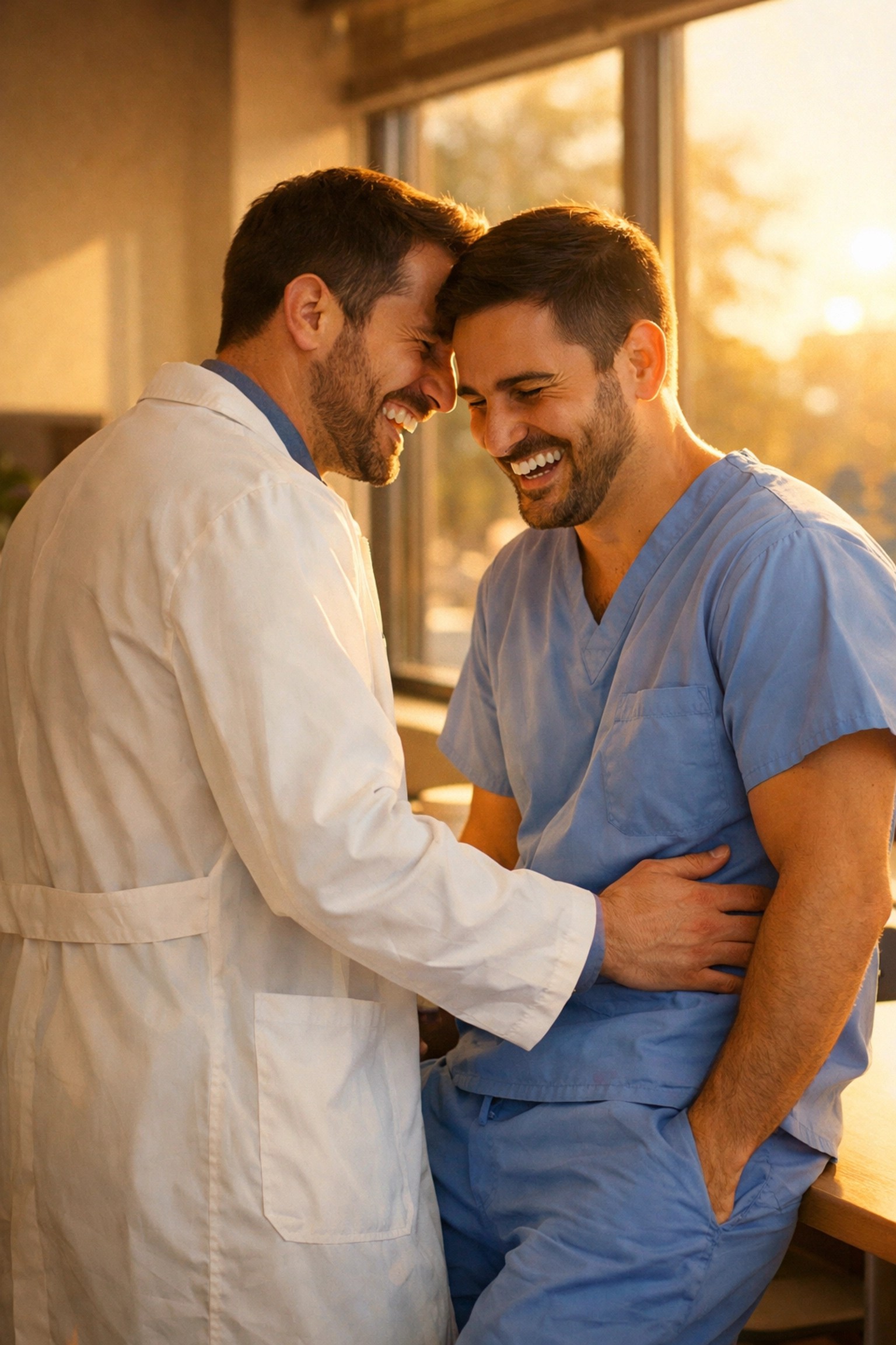 Two male doctors sharing a romantic laugh in a hospital breakroom, perfect for fans of friends to lovers MM romance.