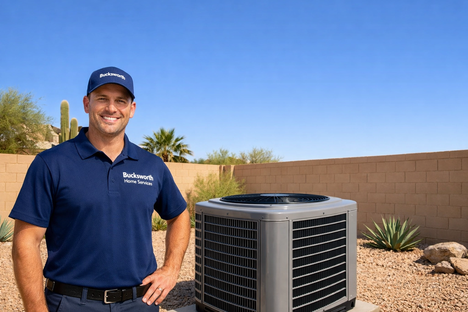 Professional Bucksworth technician inspecting a residential outdoor AC unit for expert AC repair in Gilbert, AZ.