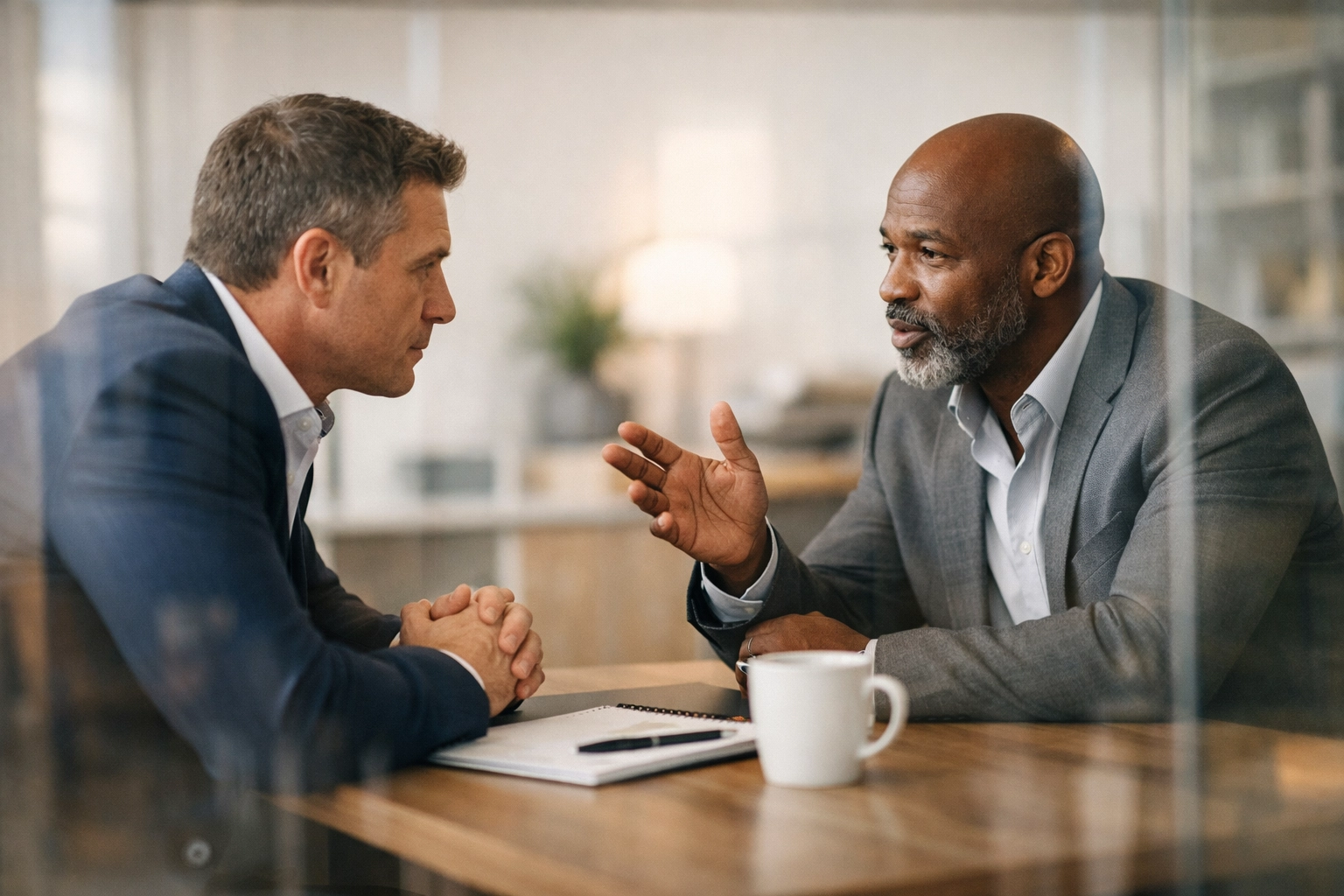 Two leaders having an accountability conversation built on trust and mutual respect