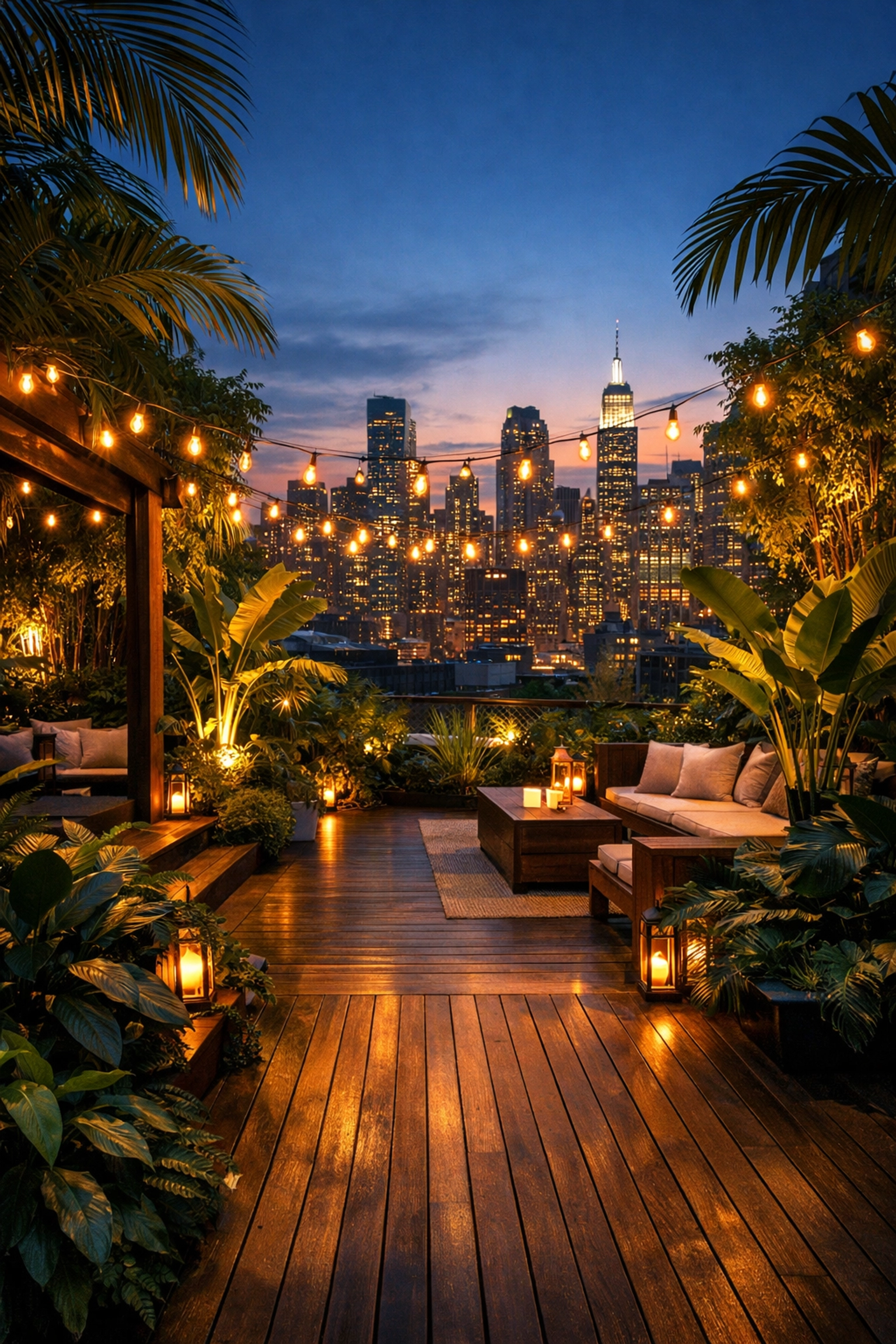 Hidden urban rooftop garden at twilight, an undiscovered gem for city photography spots and lifestyle shoots.