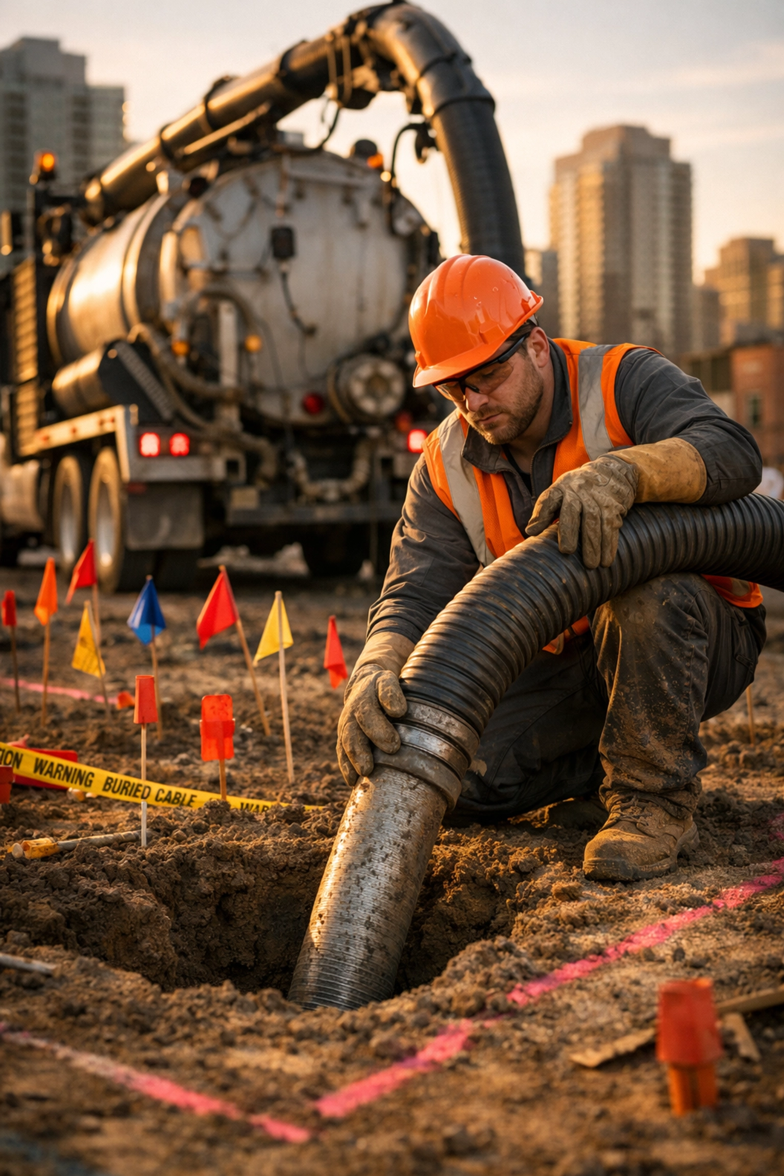 Professional hydrovac operator excavating at urban job site with safety equipment and utility markers