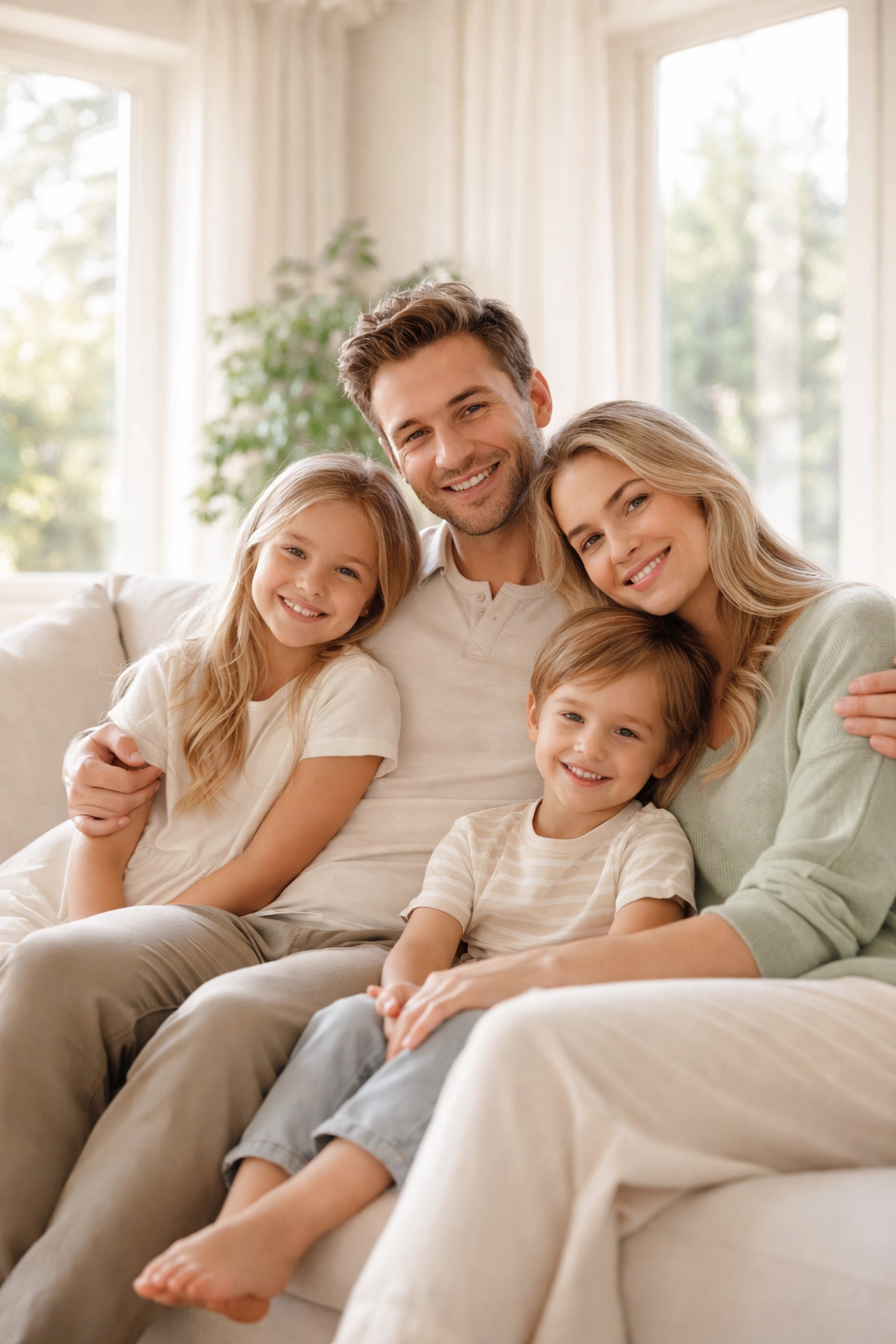 A family sits together on a living room sofa, representing life insurance protecting loved ones from unexpected loss.