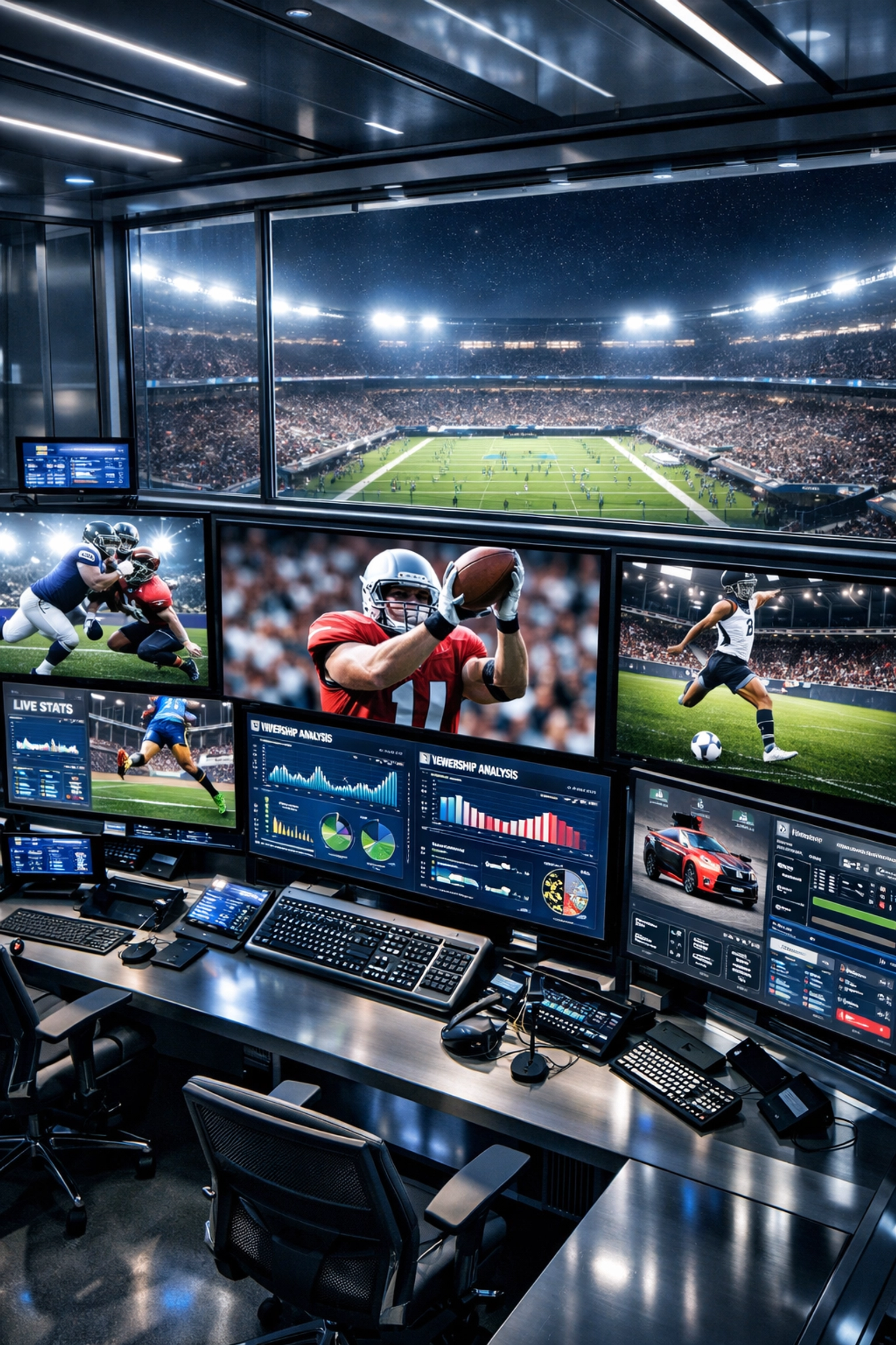 Modern sports media command center managing high-performance Sporttron digital marketing network campaigns.