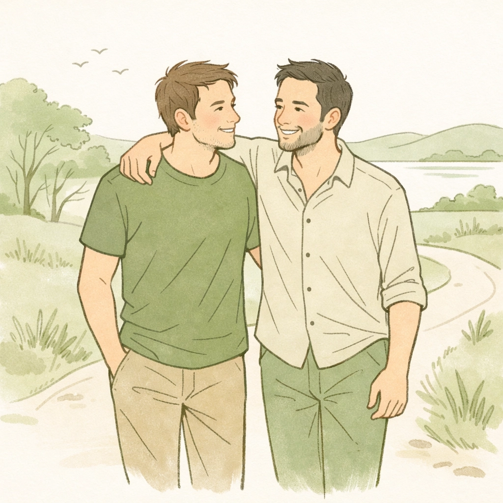Minimalistic drawing of two men walking together, highlighting platonic love and companionship in gay stories.