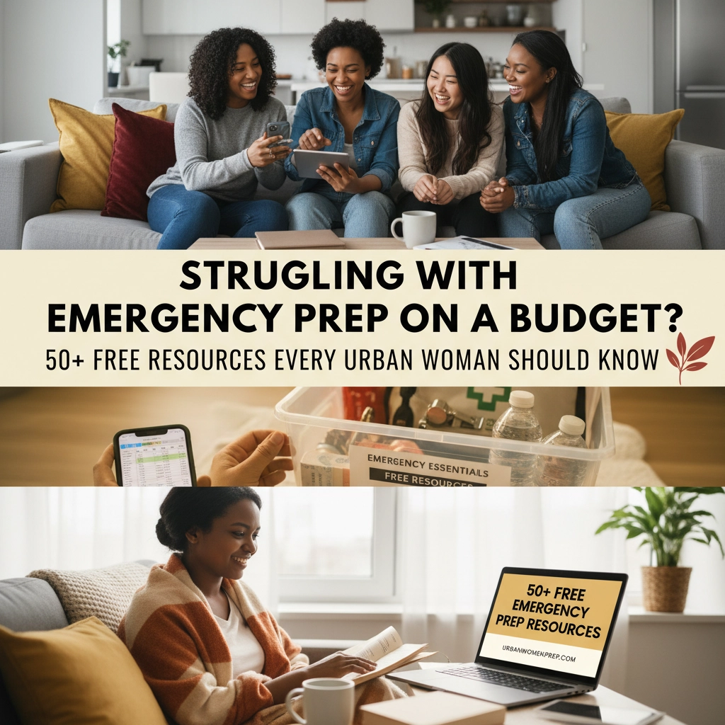 Article's leading image. The top photo is of four women sitting on a couch, smiling, looking at something on a tablet; the bottom image is a woman is sitting on her couch looking through a pamphlet. a cup of coffee and a book is in the foreground. Her laptop is open, and '50+ Free emergency prep Resources' is on the screen.