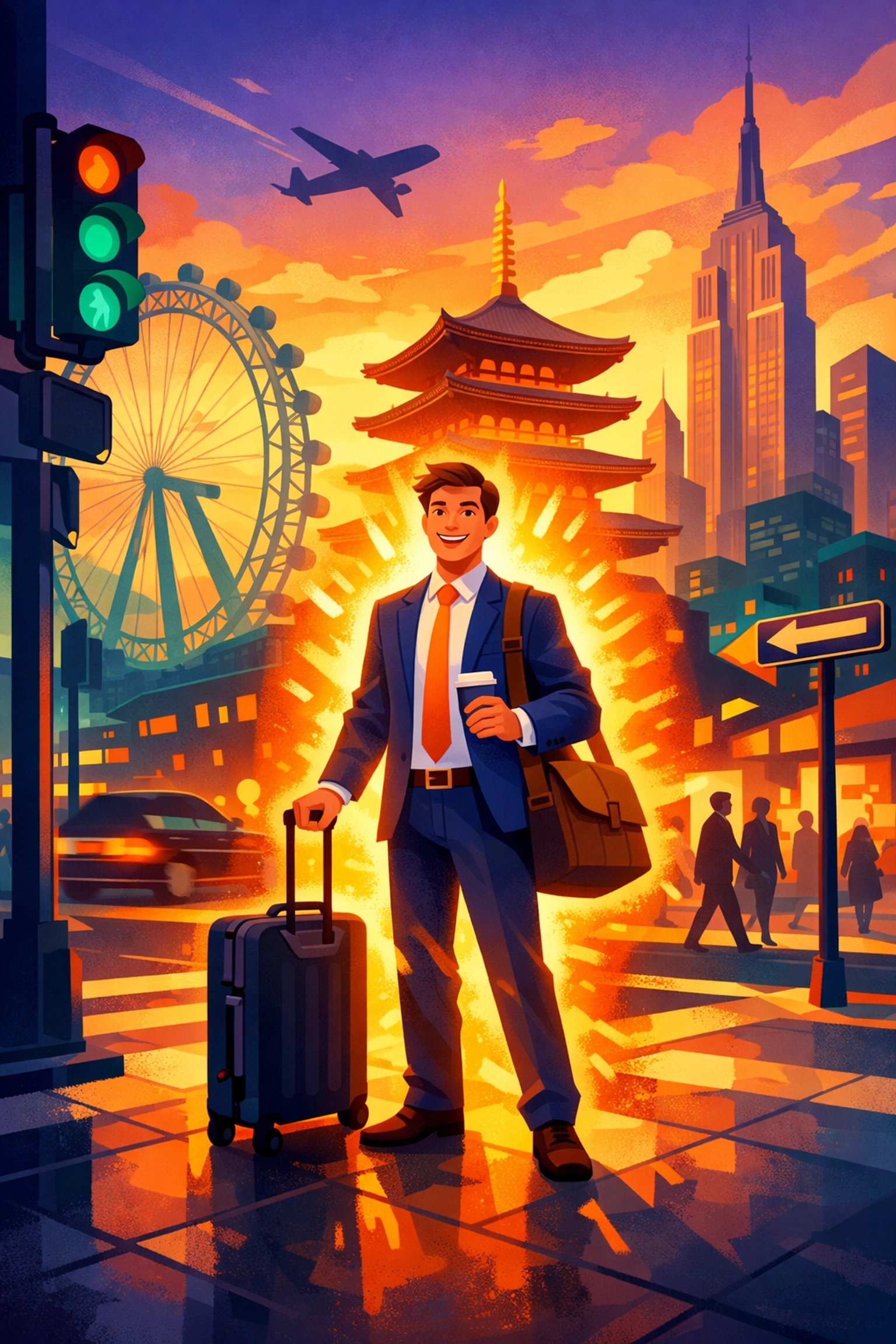 A business traveler navigating global hubs like Tokyo and London to manage jet lag and cultural time norms.