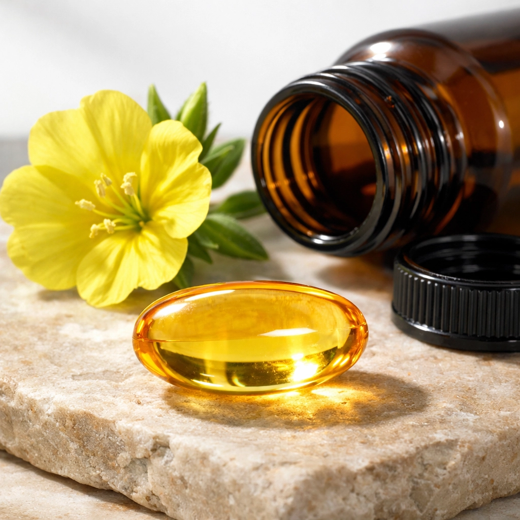 High-quality evening primrose oil softgel capsule showing golden oil and fresh flower