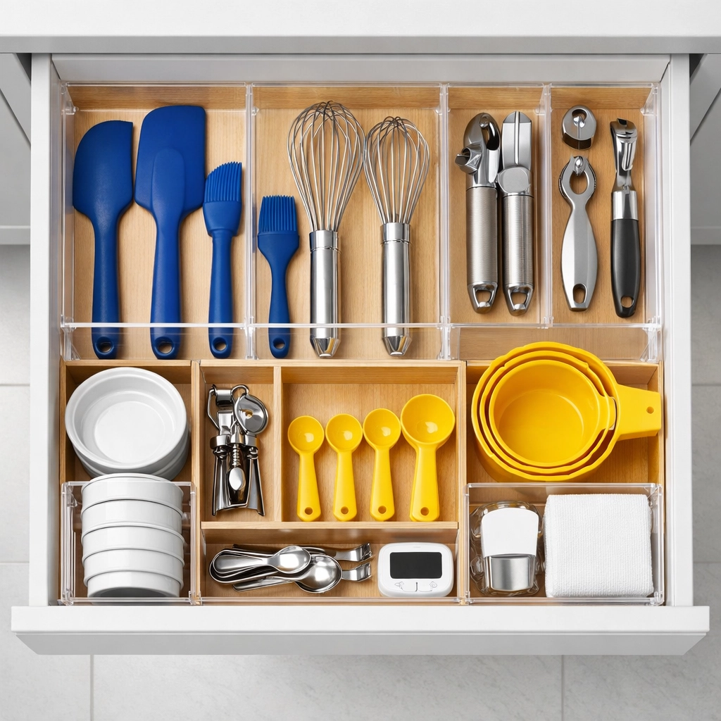 Organized kitchen drawer using a modular tray system to separate spatulas, whisks, and measuring spoons.