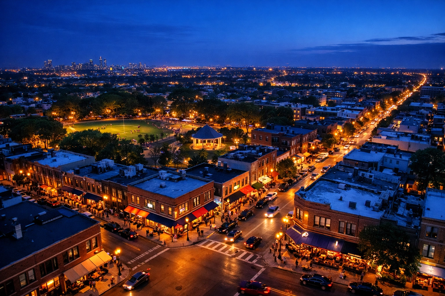 Aerial view of a vibrant urban neighborhood highlighting hyper-local search areas for local SEO.