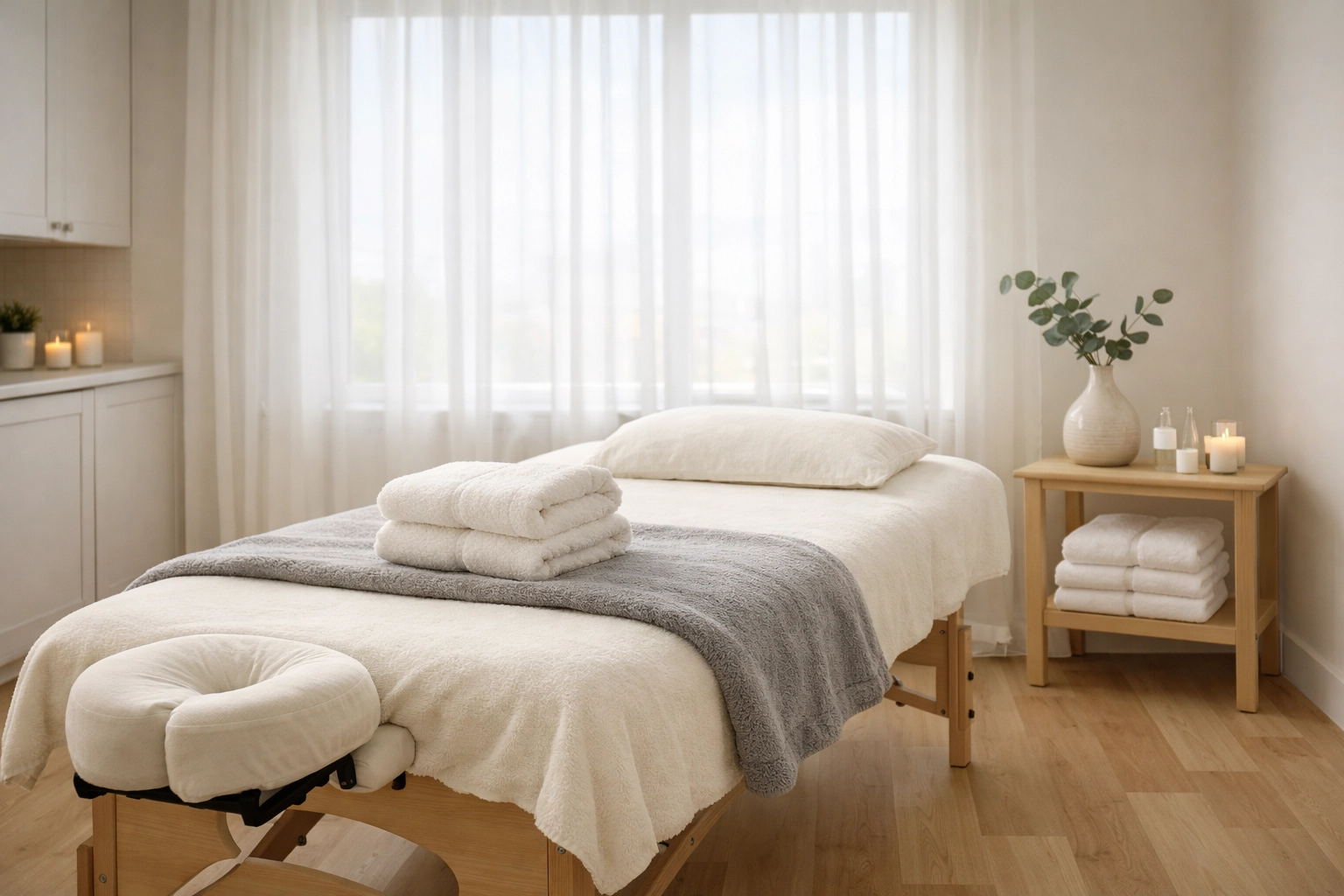 Clean and cozy room for massage therapy in Edmonton with a professional and inviting atmosphere.