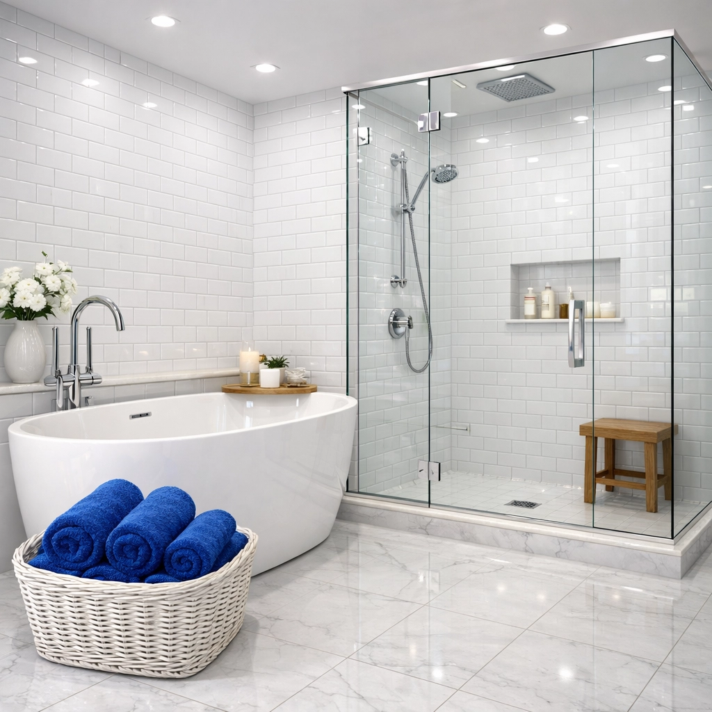 Deep cleaned luxury bathroom in Dover showcasing professional residential cleaning Massachusetts.