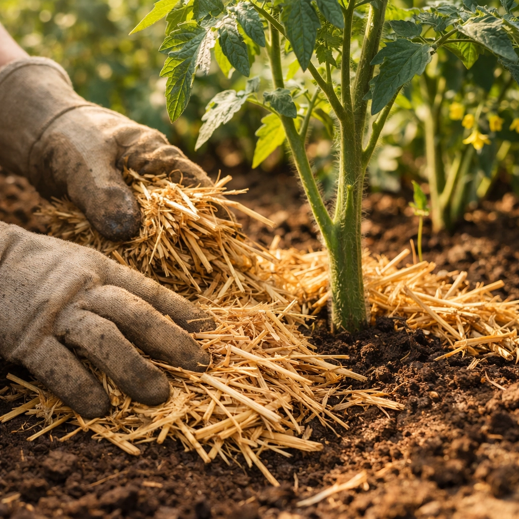 Gardener spreading straw mulch around heirloom tomato plants in vegetable garden
