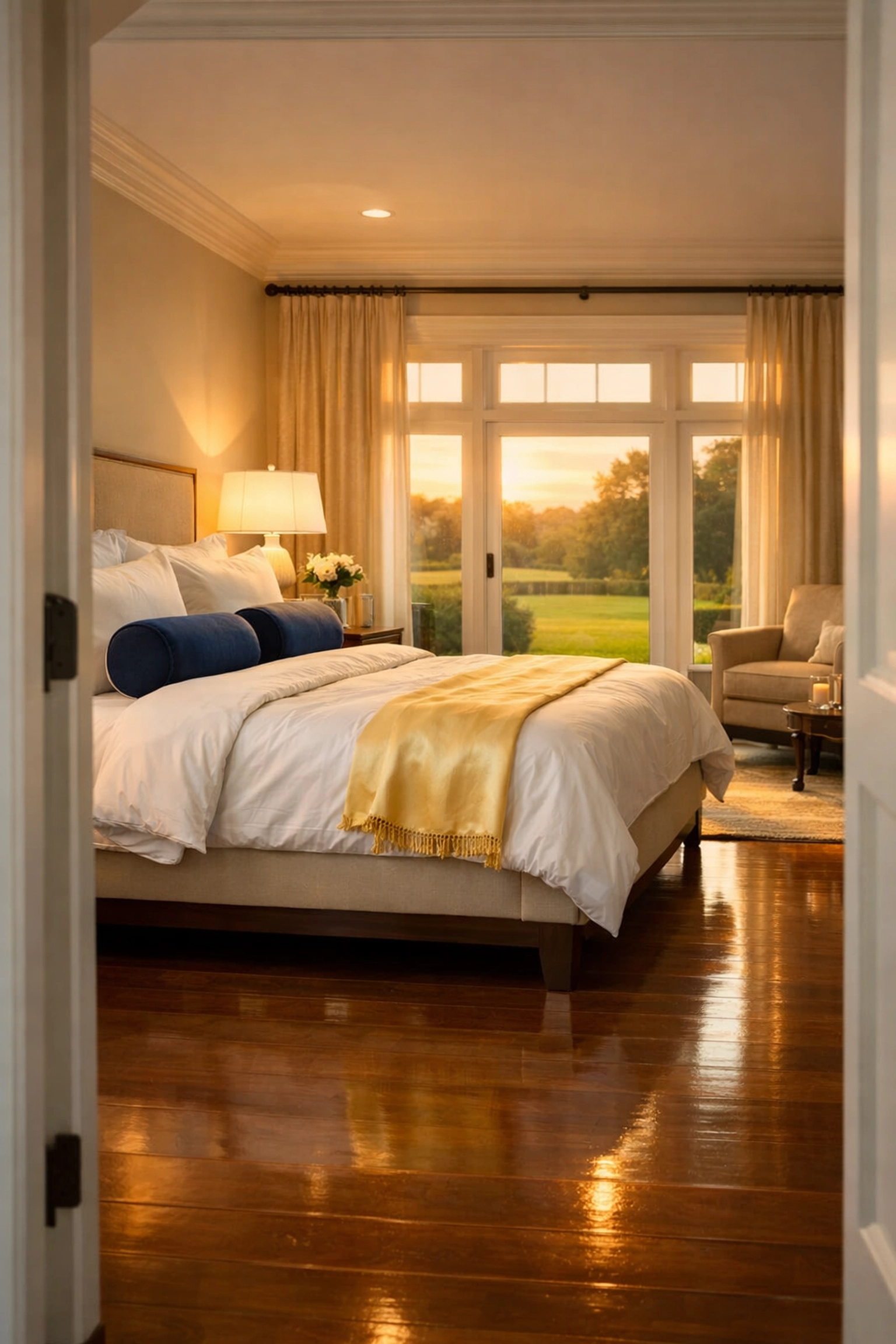 Serene Dover master bedroom with spotless floors after premium residential cleaning Massachusetts service.