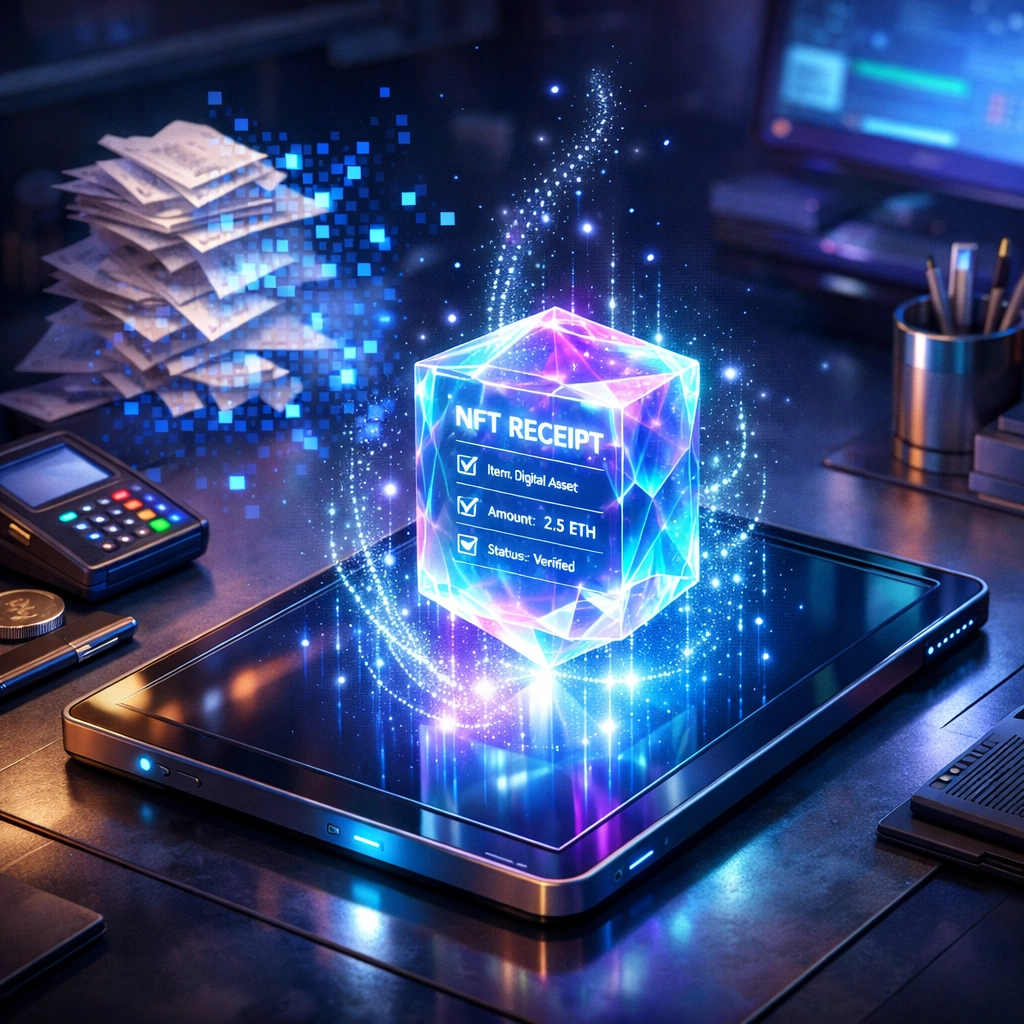 Secure digital NFT receipts for merchant accounting shown on a modern tablet in a clean Web3 business workspace.