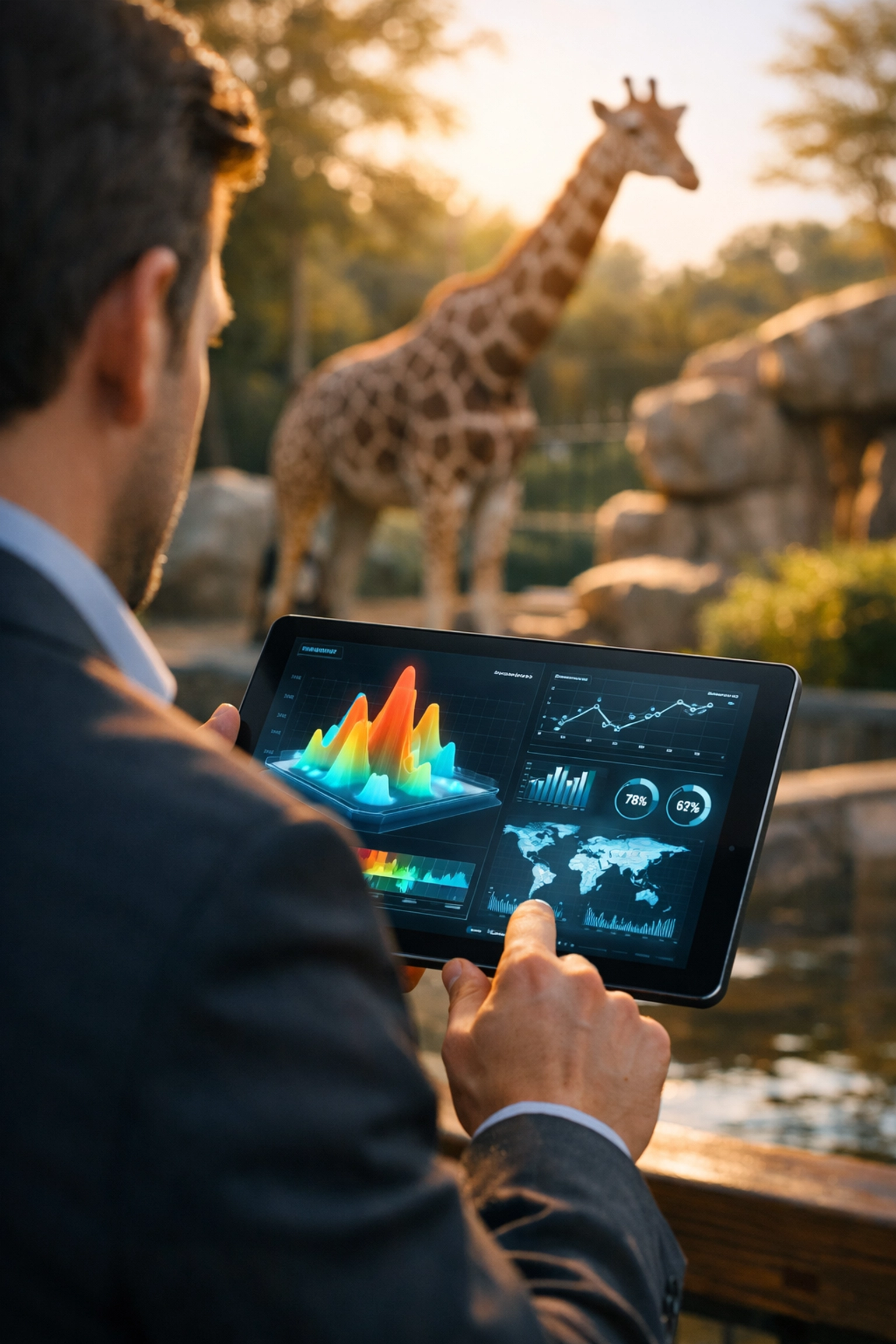 Marketing strategist analyzing digital performance data and analytics in a zoo wildlife environment.