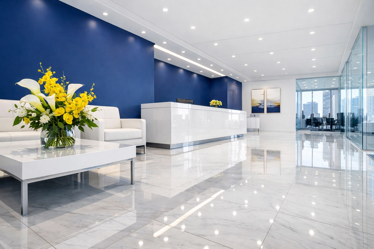 Spotless Boston executive reception area showing the results of professional janitorial services Massachusetts.