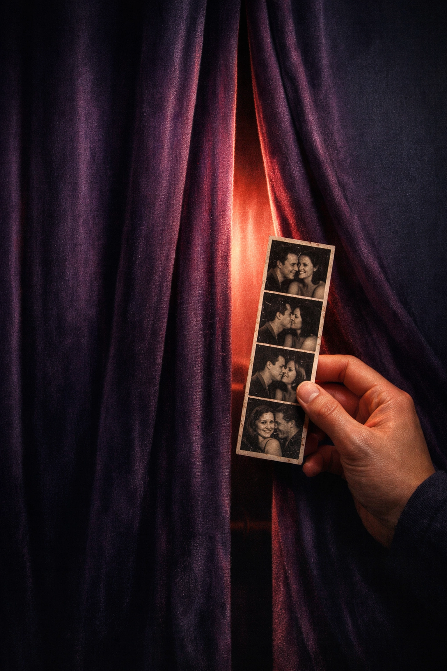 Vintage-look 2x6 photo strip with chemical stain texture and film grain, displayed against a velvet curtain background — built without AI in Pictor