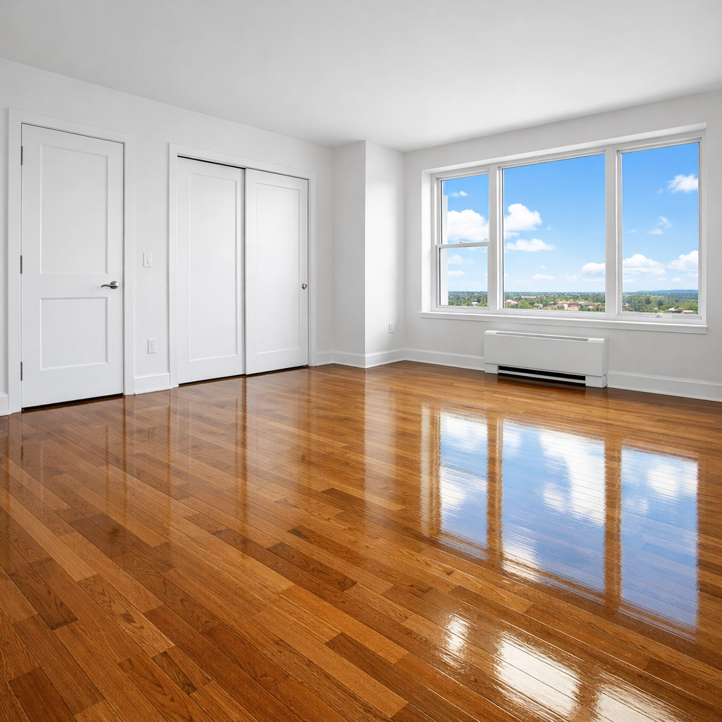 Spacious bedroom with polished floors following move-in/move-out cleaning in Lowell.
