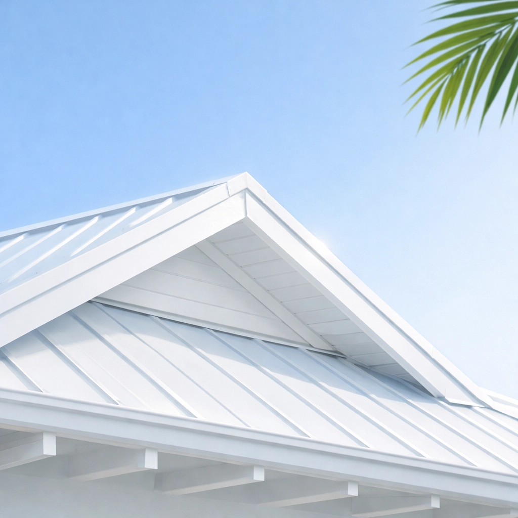 Modern white metal roof restoration on a coastal Northern Beaches home with clear blue sky.