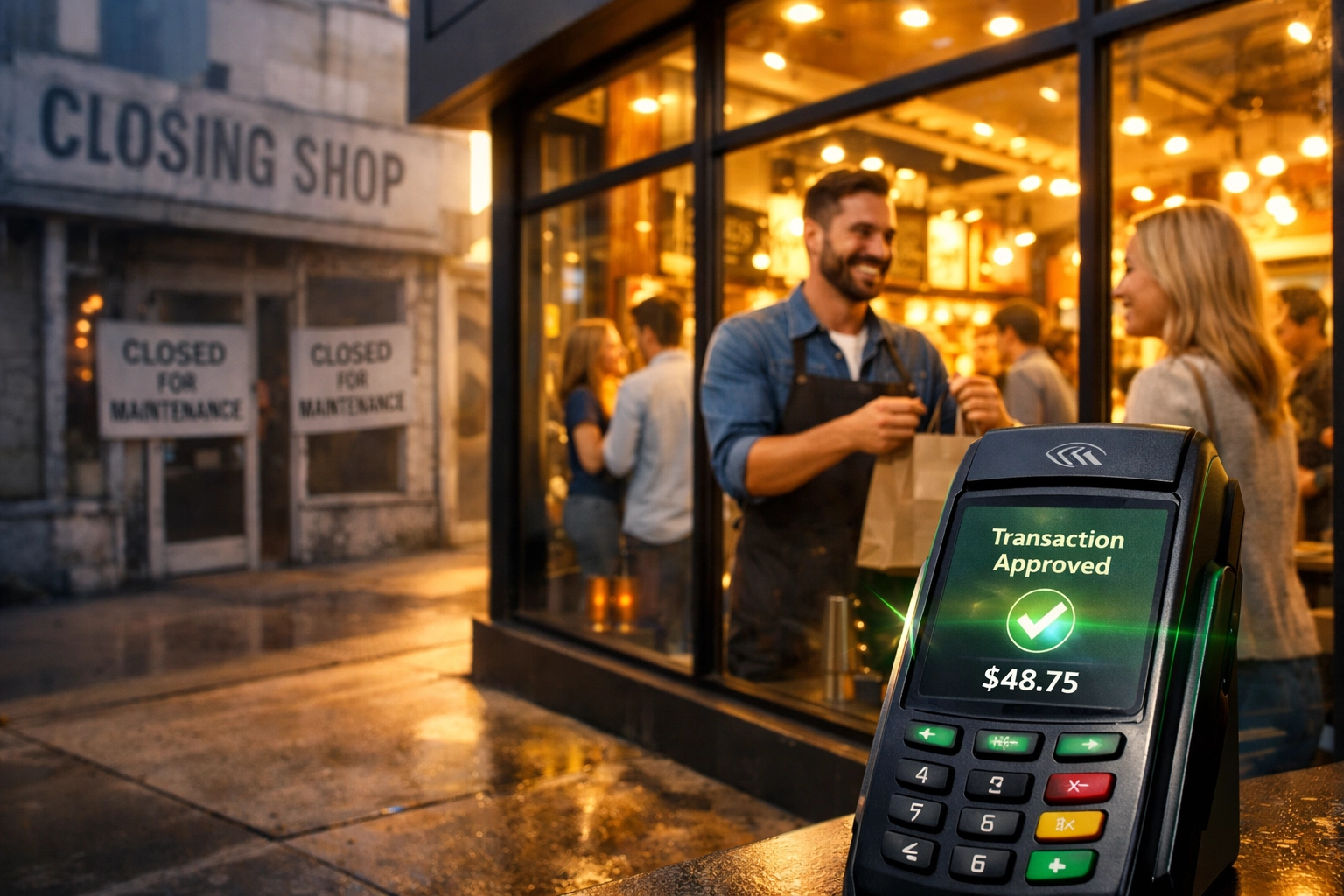 Successful retail merchant using Web3 payment terminal while competitor closes