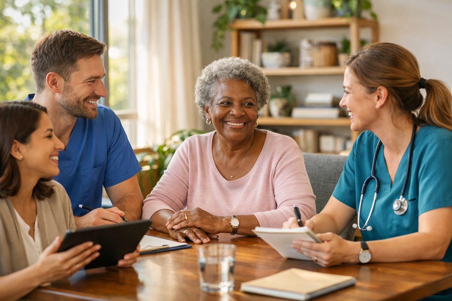 Integrated care team meeting with senior patient to coordinate chronic condition treatment plan
