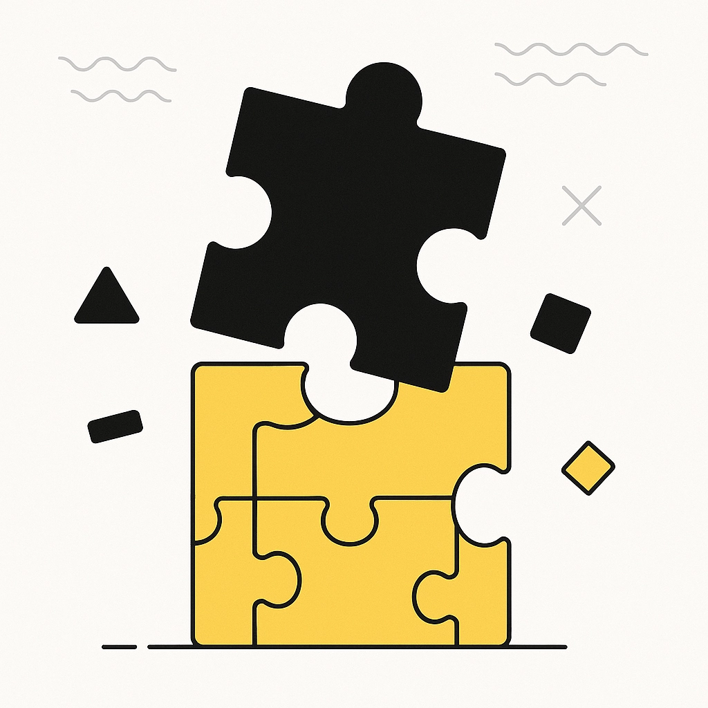 Black puzzle piece above fitting into yellow pieces, surrounded by shapes on a white background, conveying a sense of completion.