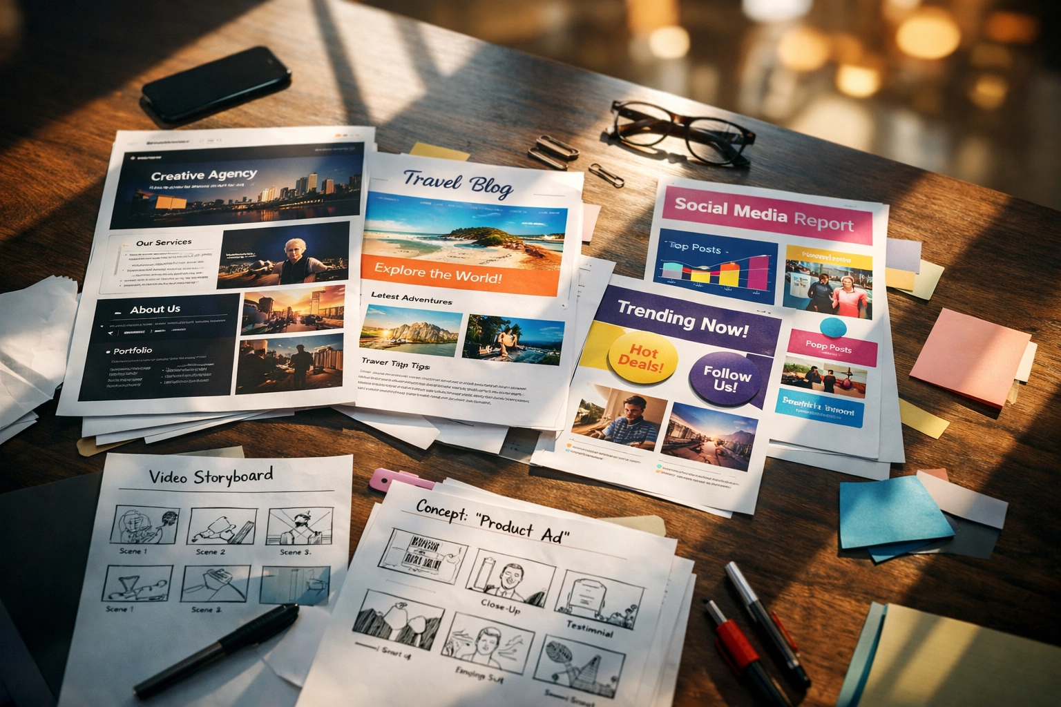 Scattered marketing materials showing disconnected branding and inconsistent design across platforms