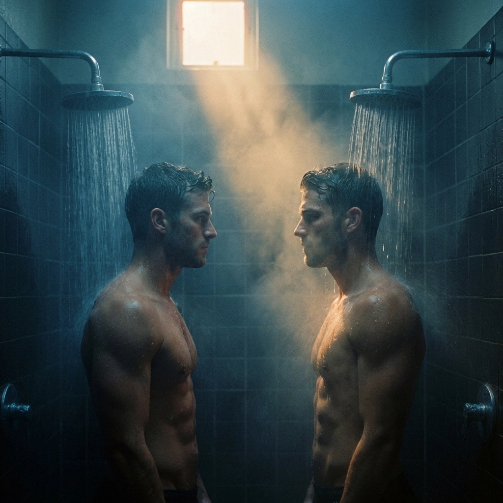 Two male teammates sharing intimate moment in locker room showers - gay romance
