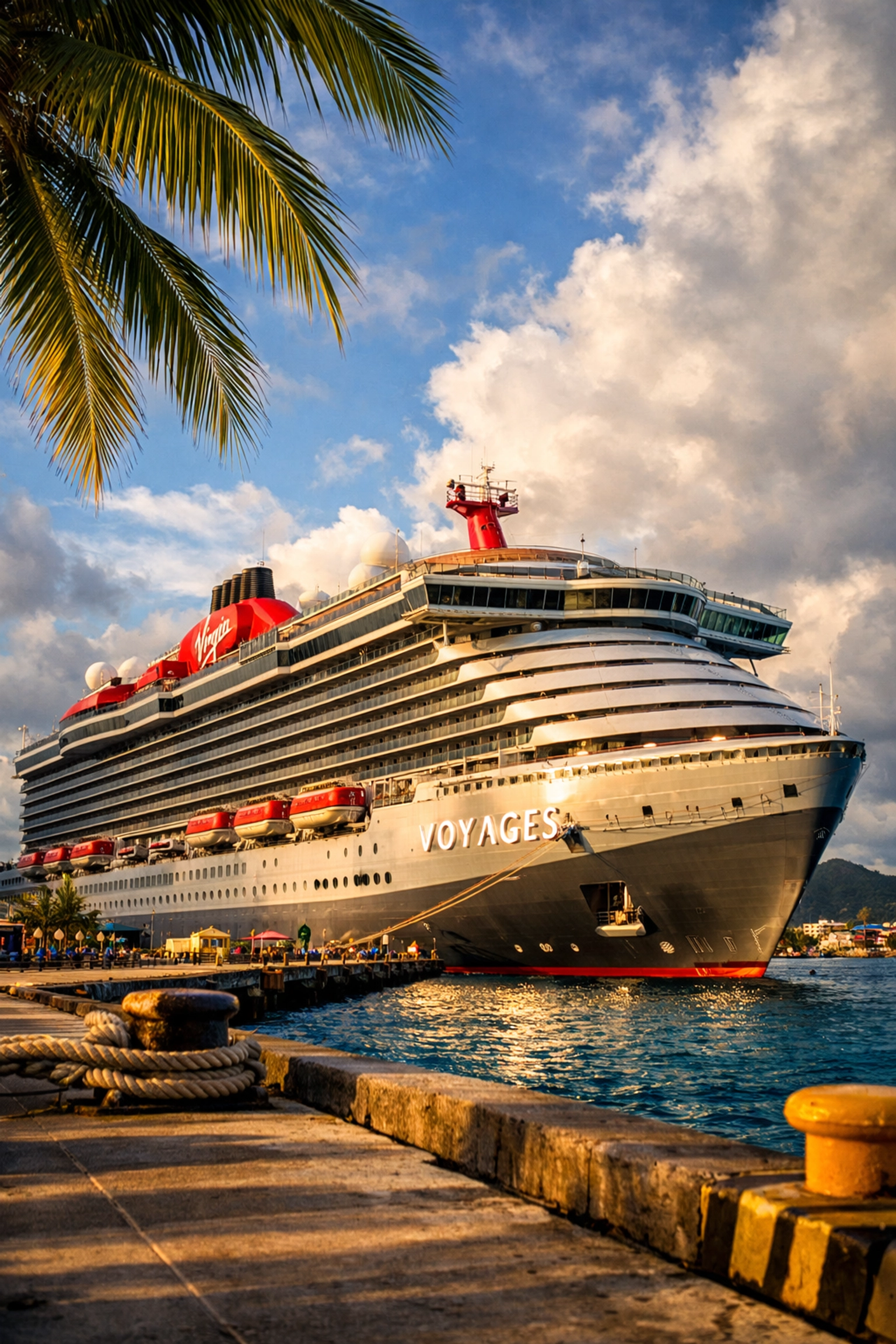 Virgin Voyages ship docked at a tropical Caribbean port with palm trees