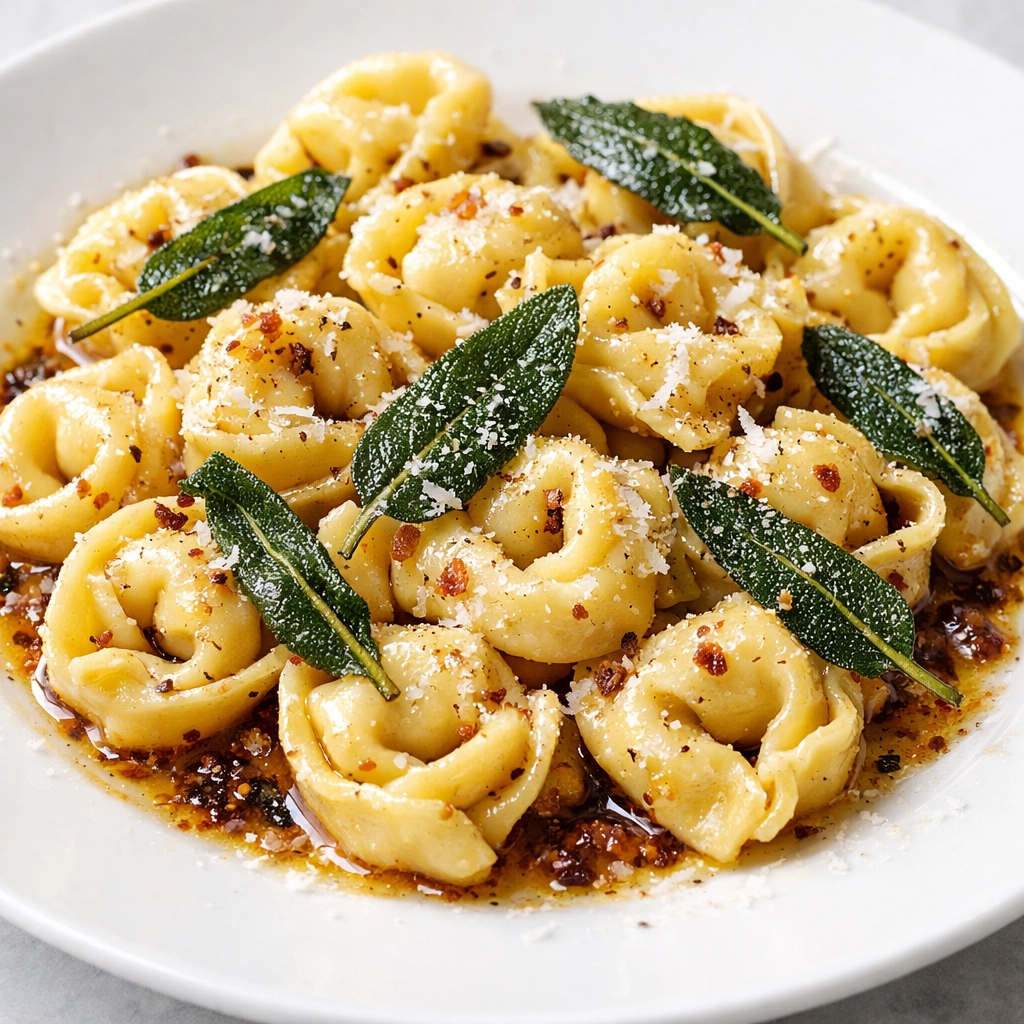 15 Simple Pasta Dinners for Stress-Free Nights Gourmet 5-ingredient cheese tortellini with brown butter and fresh sage leaves on a white plate.