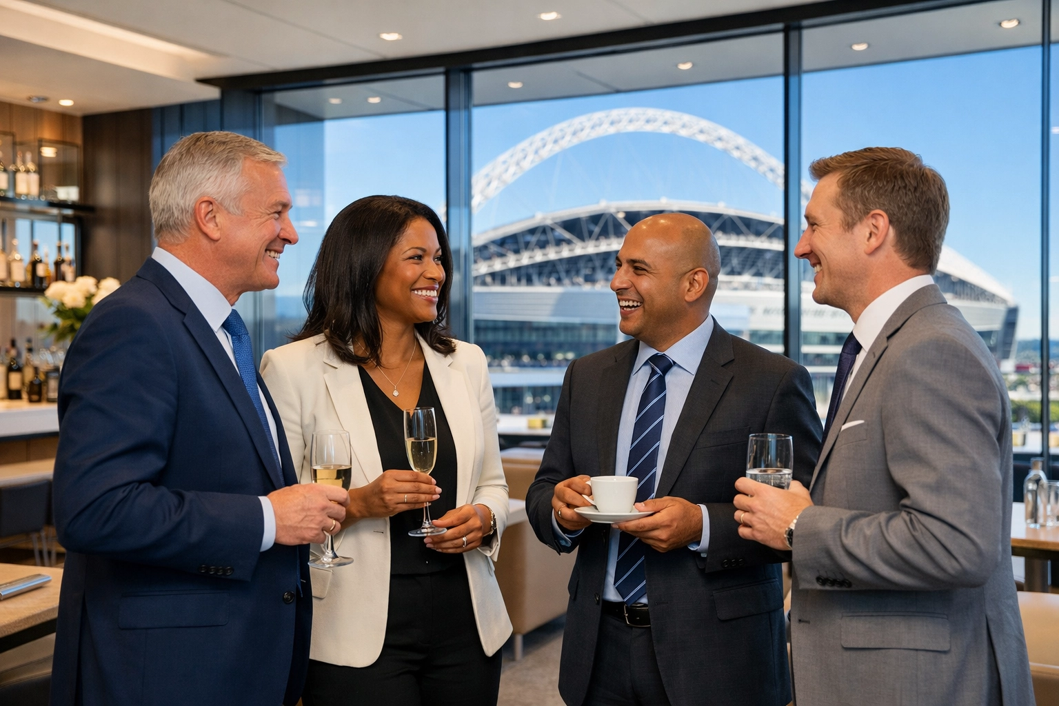 PRESS RELEASE: 7 Mistakes You’re Making with Super Bowl Executive Hosting (and How to Fix Them) Corporate executives networking in a luxury hospitality lounge with a view of the Super Bowl stadium.