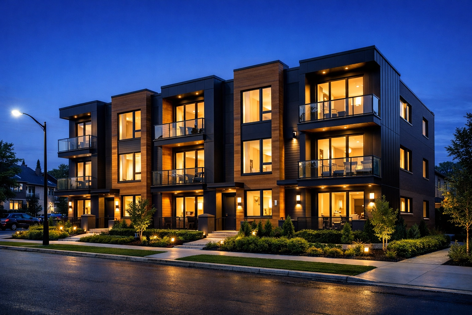 Finished contemporary 5-plex residential building in Ontario representing high investment ROI and curb appeal.