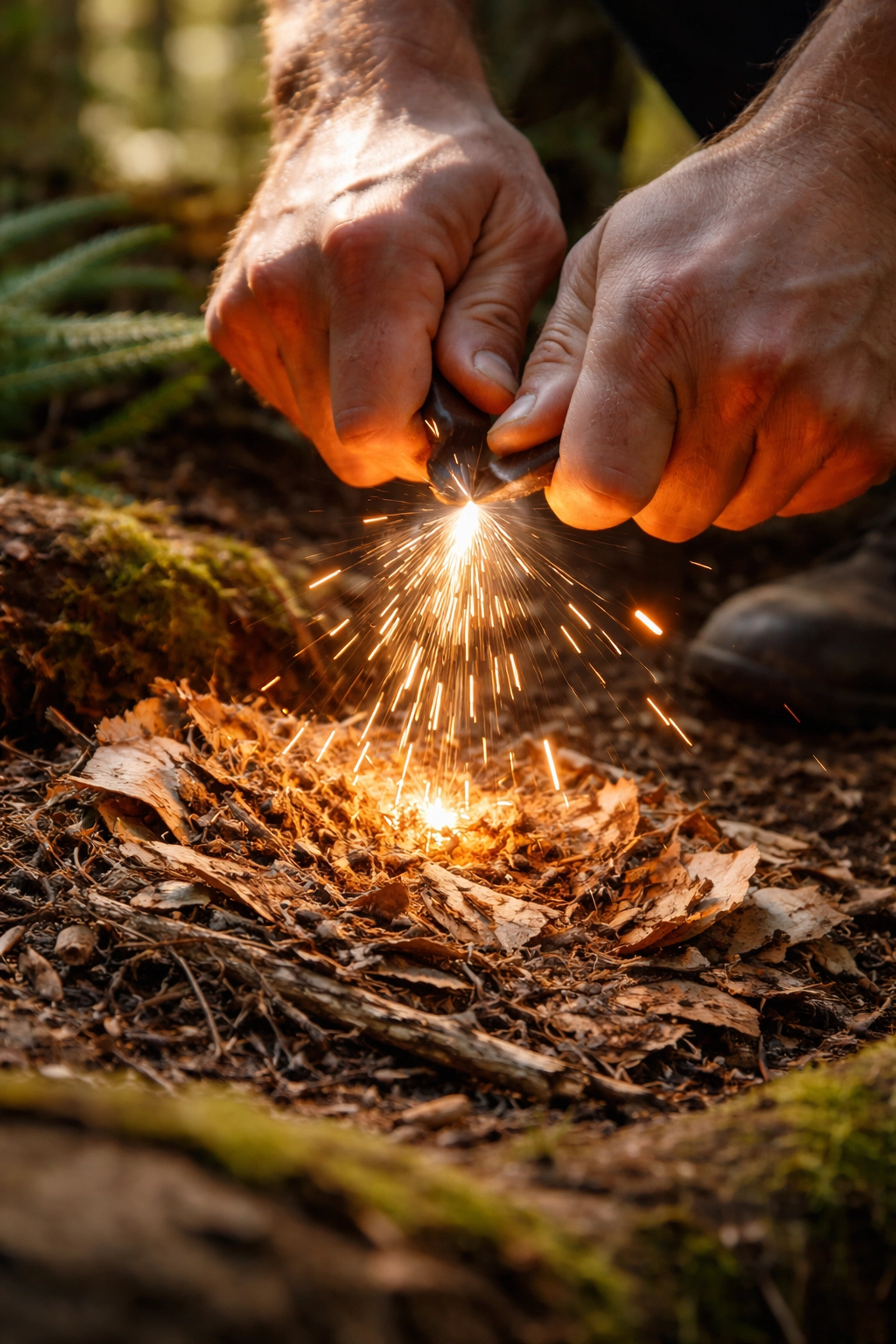 Hands starting a fire with a fire steel and birch tinder in a UK forest, demonstrating essential camping skills.