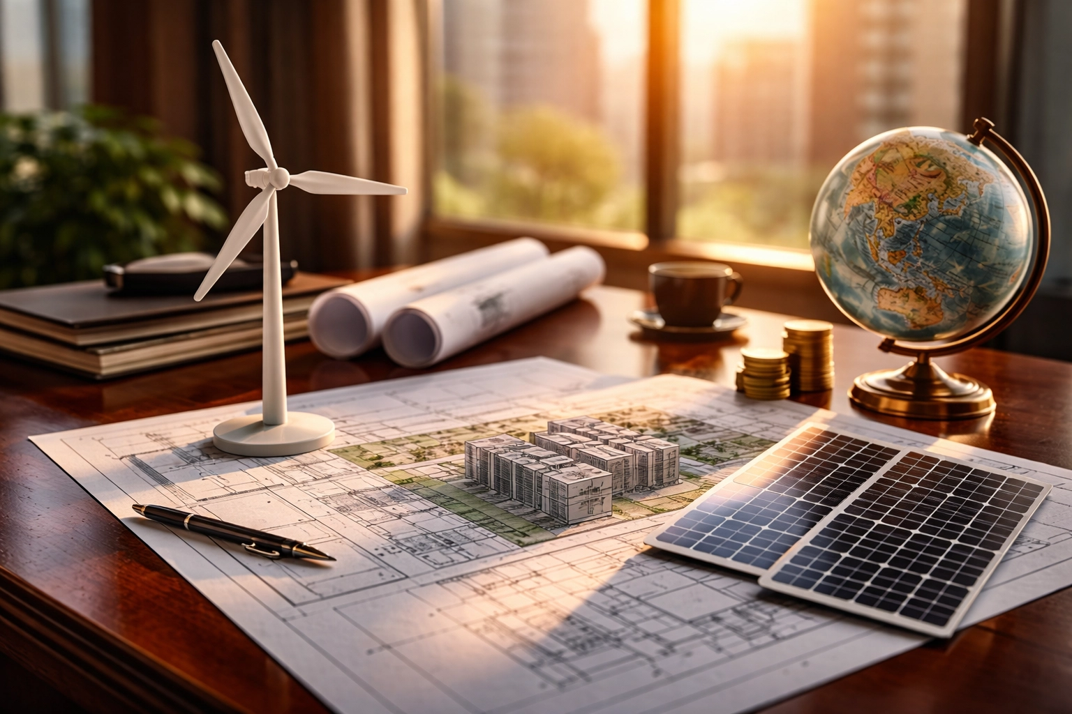 Tangible investment assets including wind turbine and data center plans symbolize wealth and sustainable diversification