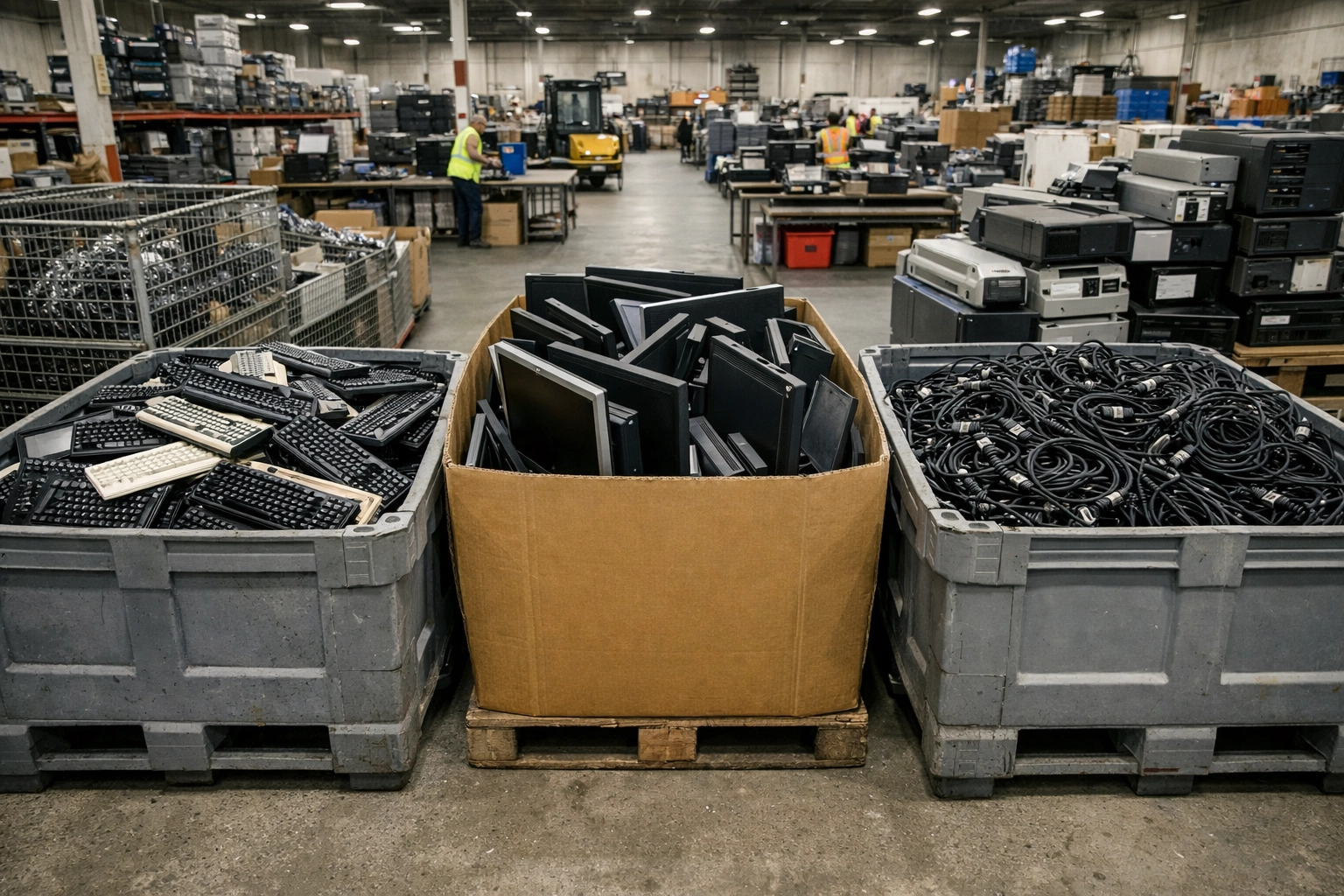 Inside a professional e-waste recycling facility in Northamptonshire showing sorted electronics for recovery.