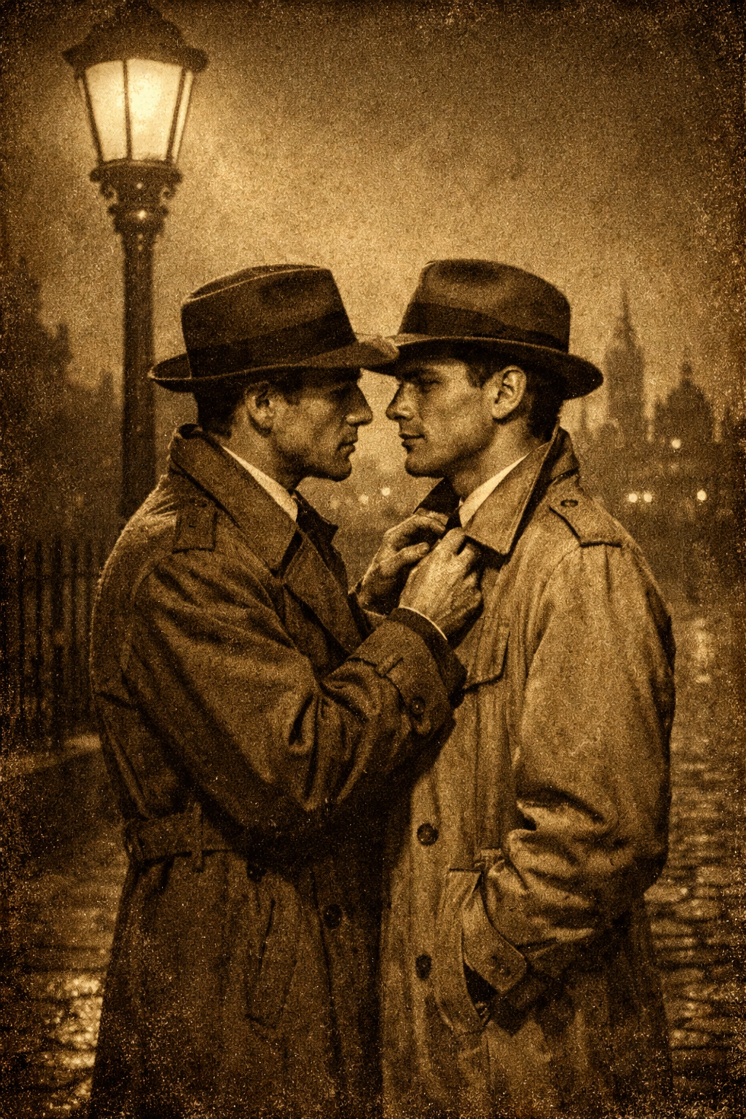 Two men in vintage coats sharing a secret romantic embrace on a foggy street in a classic gay love story.