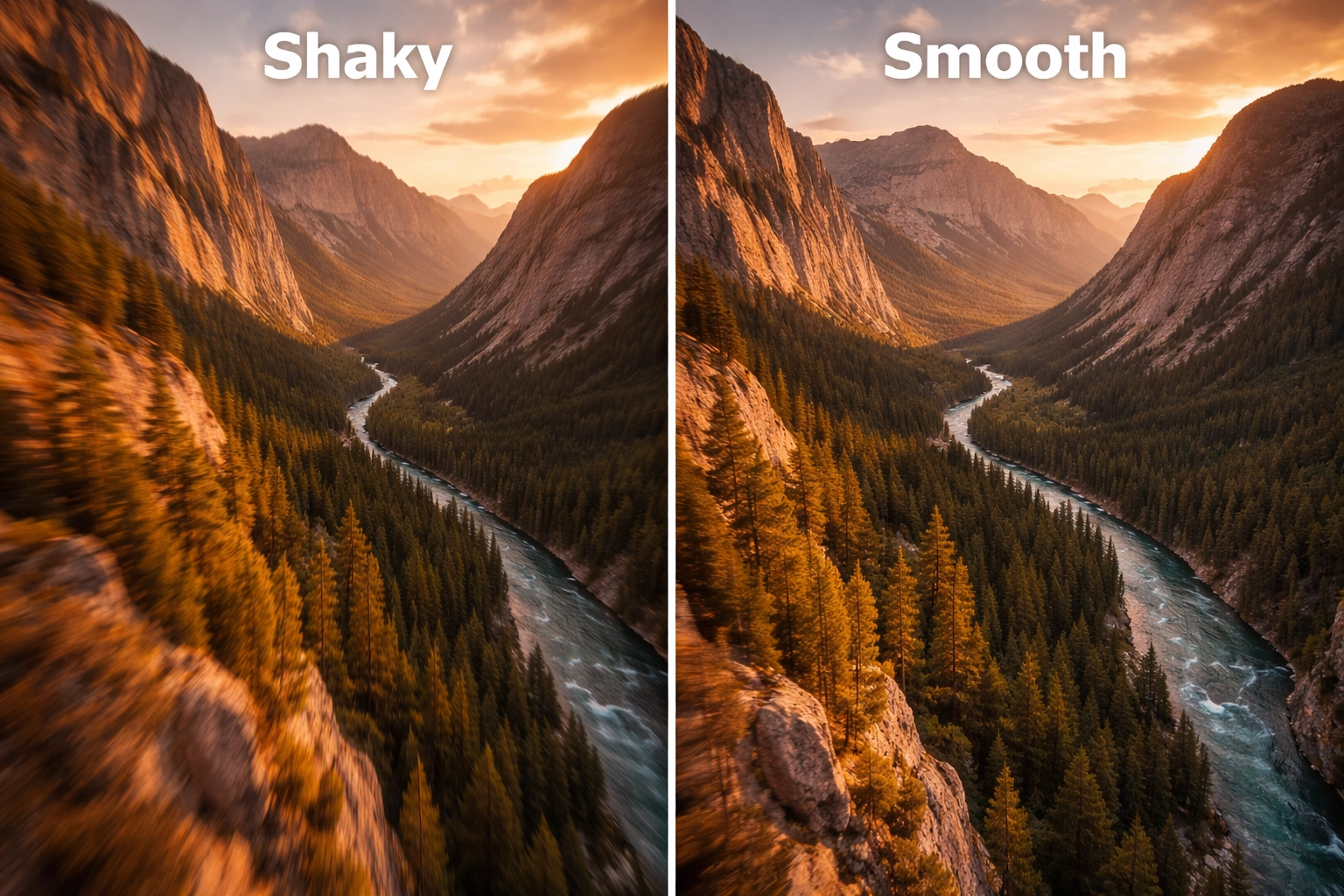Split-screen comparison of raw shaky FPV footage versus smooth stabilized cinematic mountain valley clip