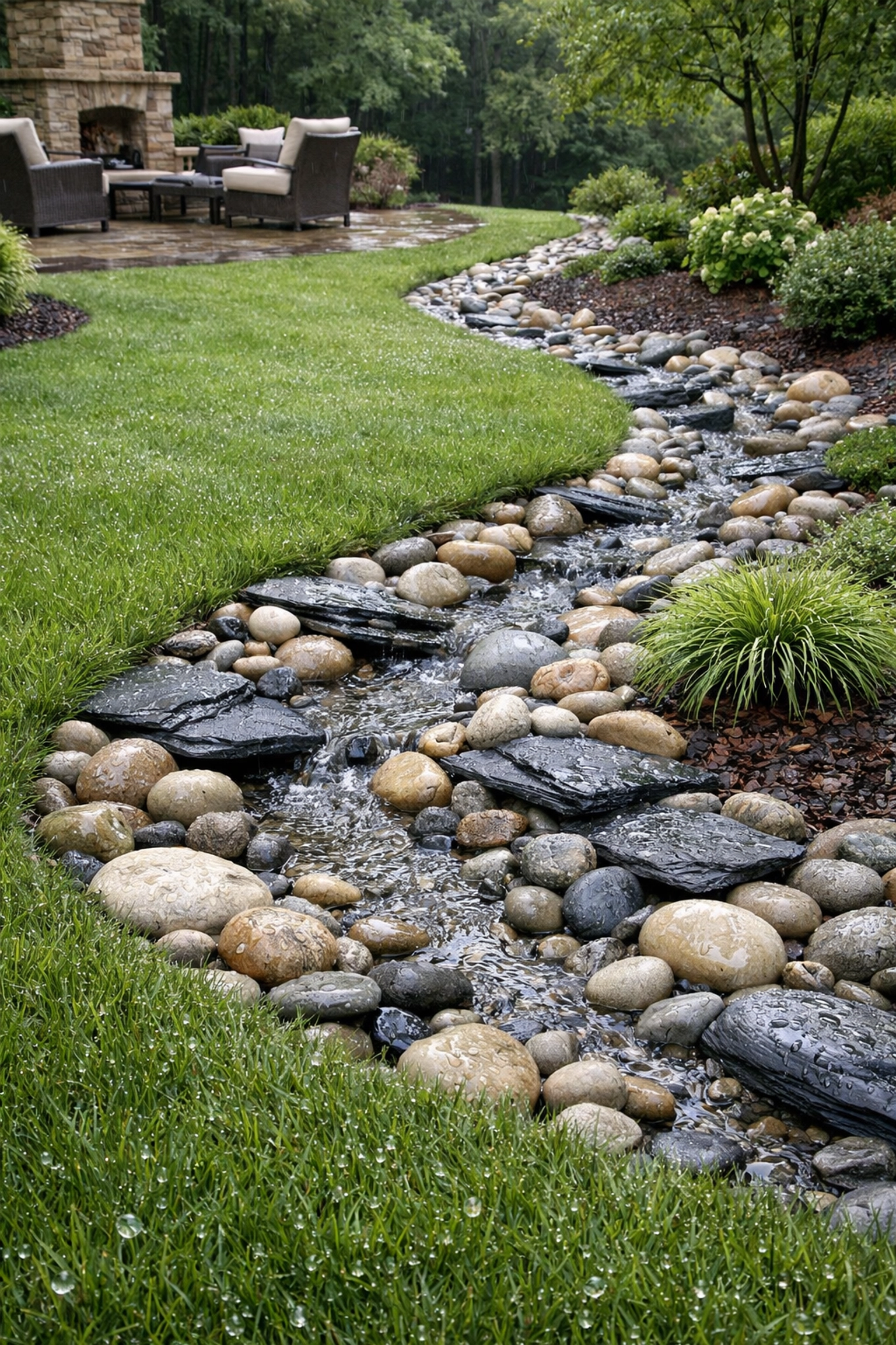 Decorative river rock dry creek bed providing a professional landscape drainage solution.