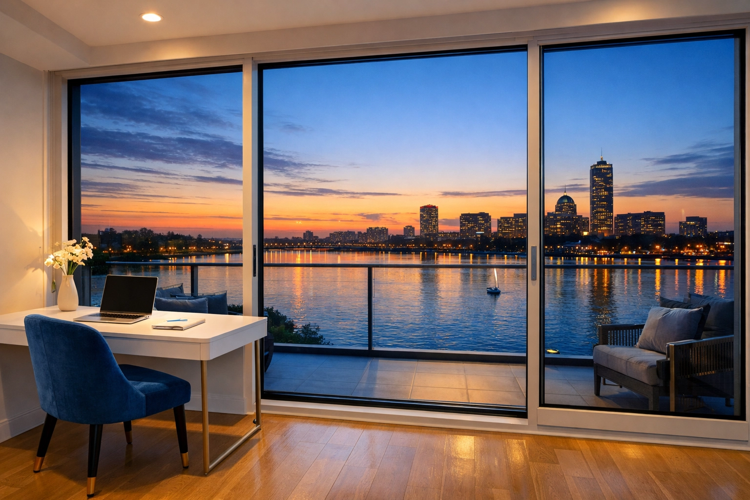 Tranquil home office with a clean view of the Charles River thanks to house cleaning Cambridge MA.