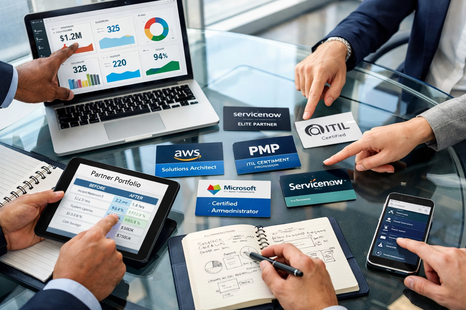 Business professionals reviewing ServiceNow partner certifications and implementation metrics