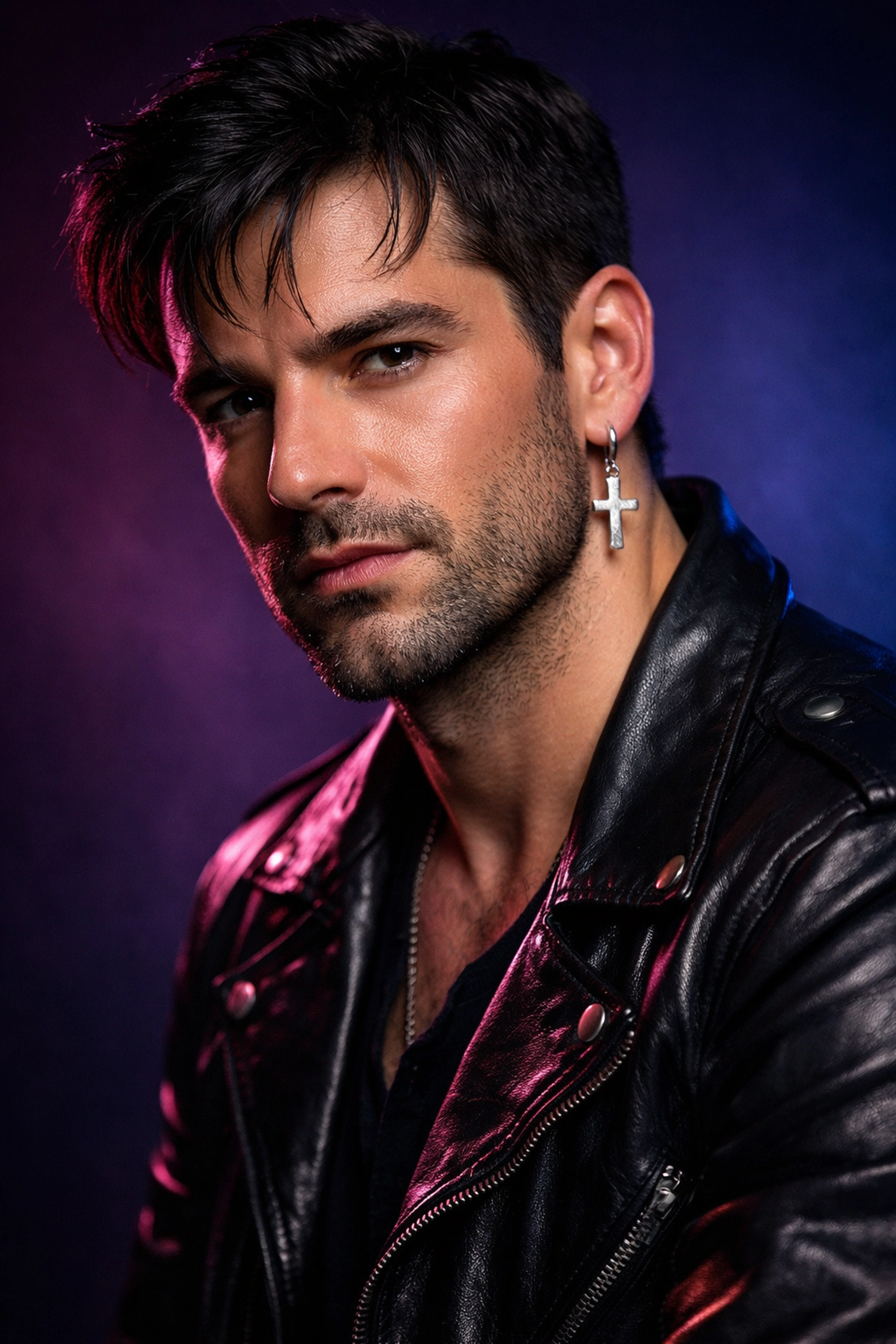 Confident gay musician in leather jacket representing 1990s LGBTQ+ icon defiance and authenticity