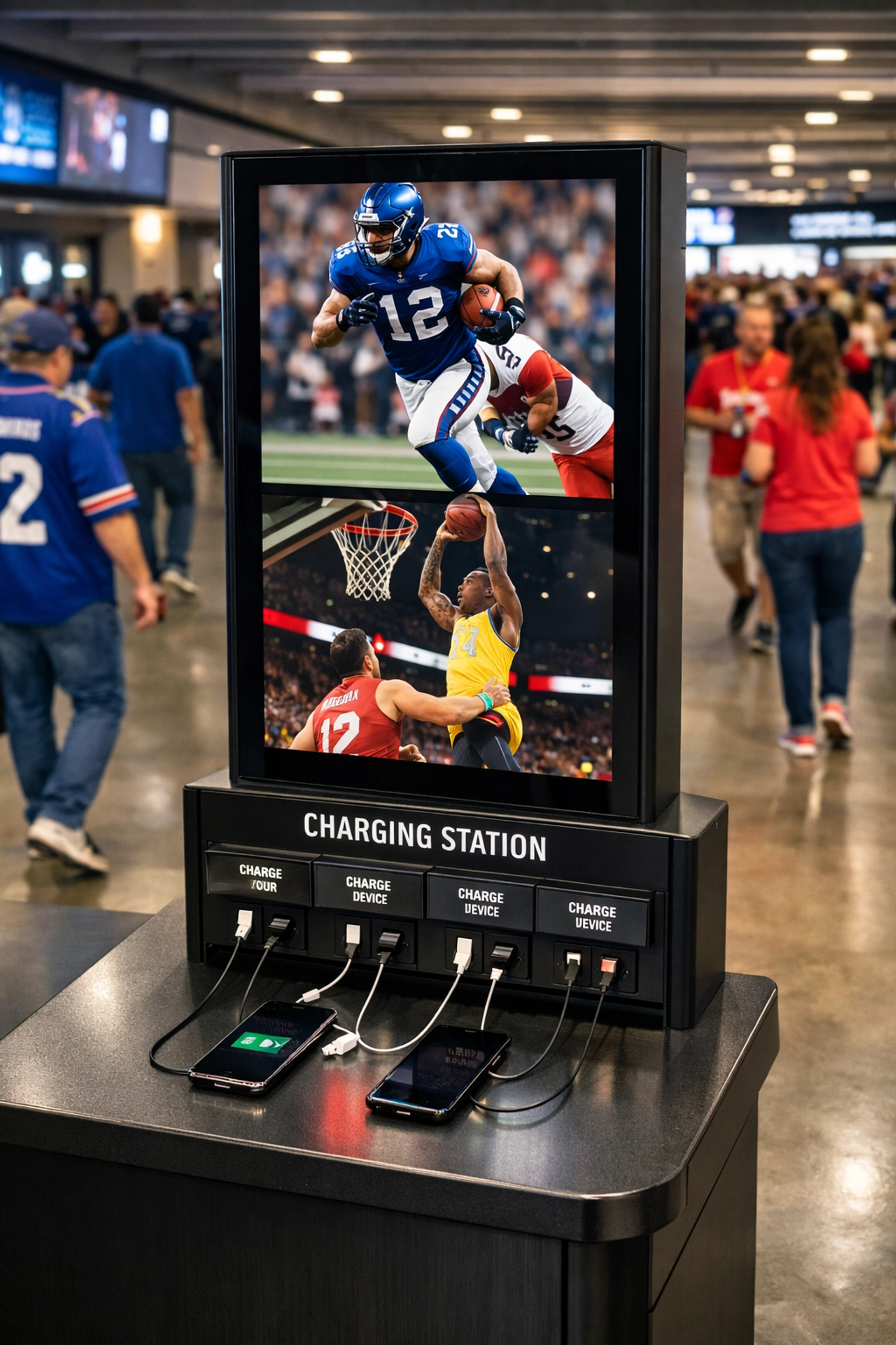 Dakdan Worldwide digital media kiosk with mobile charging for enhanced fan engagement in a sports stadium.