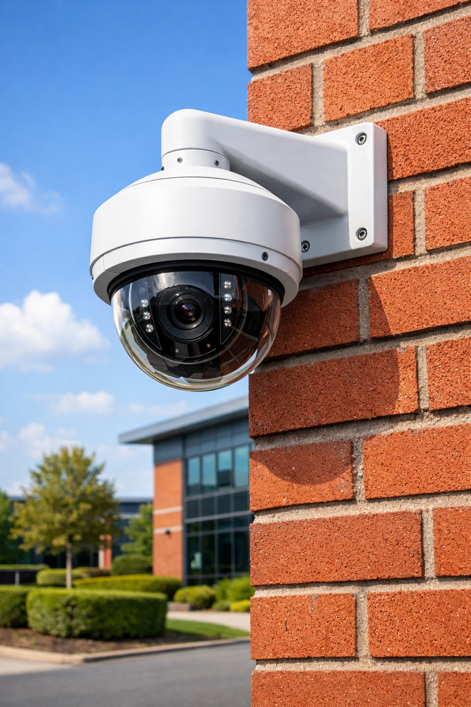 Professional commercial dome security camera installed on a modern office building in Taunton.
